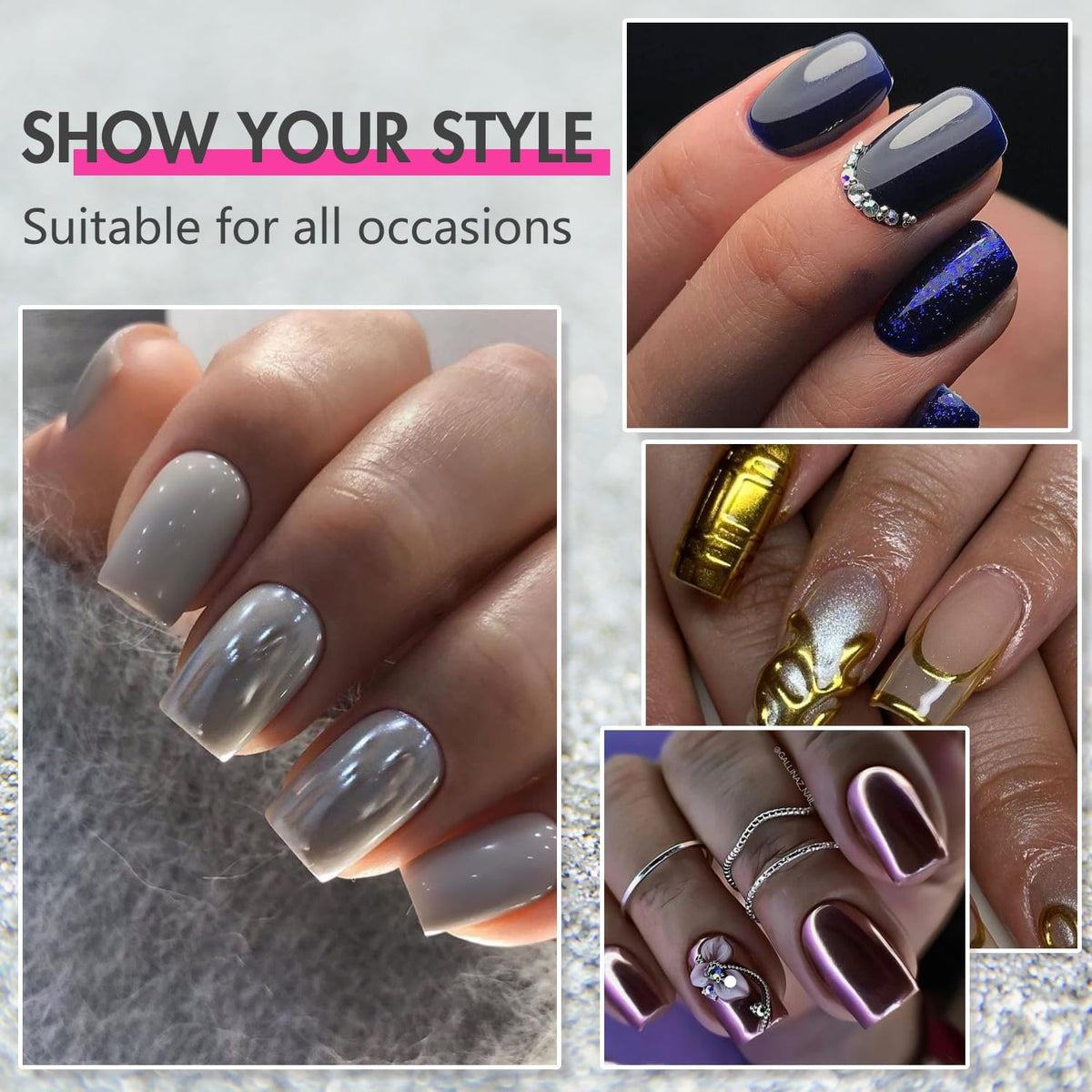 SXVME Uñas Postizas De Metal Plateado Con Efecto Espejo, Medianas, Cortas, Cuadradas, Cromadas Y Esmaltadas, De Gel, Brillantes, Acrílicas, Reutilizables, Gruesas, Para Mujer, Con Pegamento, De Longit