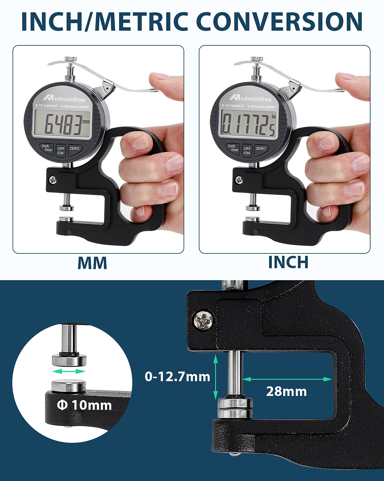 Medidor de Espesor Digital Mxmoonfree con Pantalla LCD y Conversión de Unidades 0.001 mm/0.00005 Pulgadas