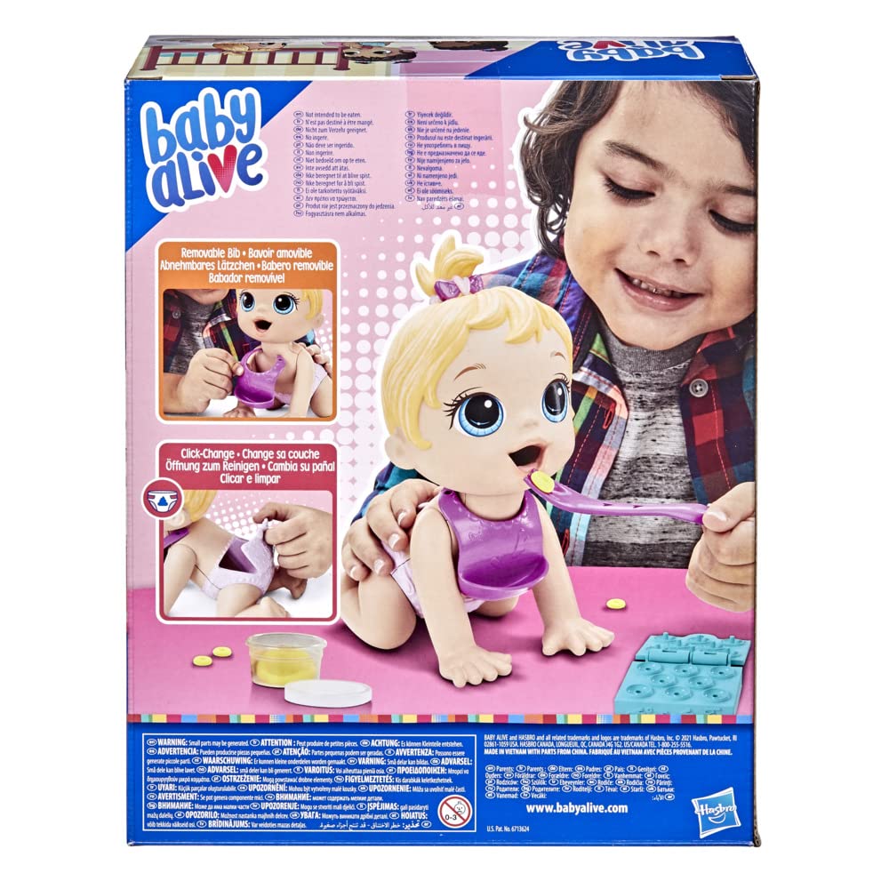 Hasbro, Baby Alive, Hora de Comer - Cabello Rubio, Muñeca para Niñas de 20 cm, con 4 Accesorios Incluidos, Edad Recomendada: 3 Años en Adelante