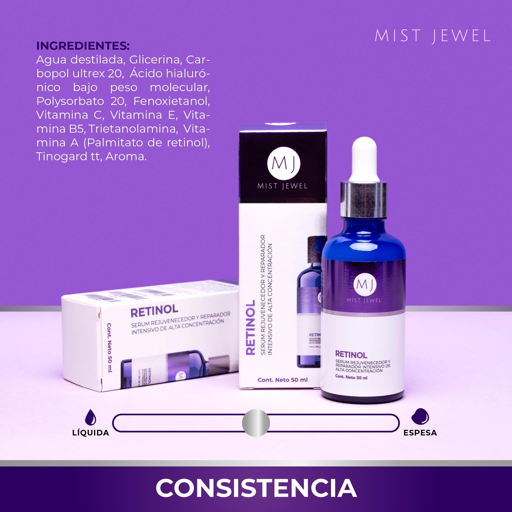 MIST JEWEL Serum Facial Retinol (Vit A), Ácido hialurónico, Vitamina C, Vit E, B5, hidratante y reparador | Suero para hombres y mujeres Anti manchas Nocturno, cuidado facial iluminador e hidratante de alta efectividad 50ml