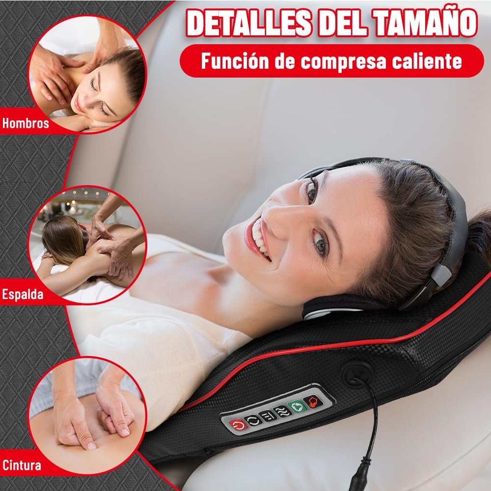 Meanton Almohada de Masaje Eléctrica, Masajeador de Cuello con Calor, Masajeador de Espalda Shiatsu de Amasado 3D, Espalda y Cuello