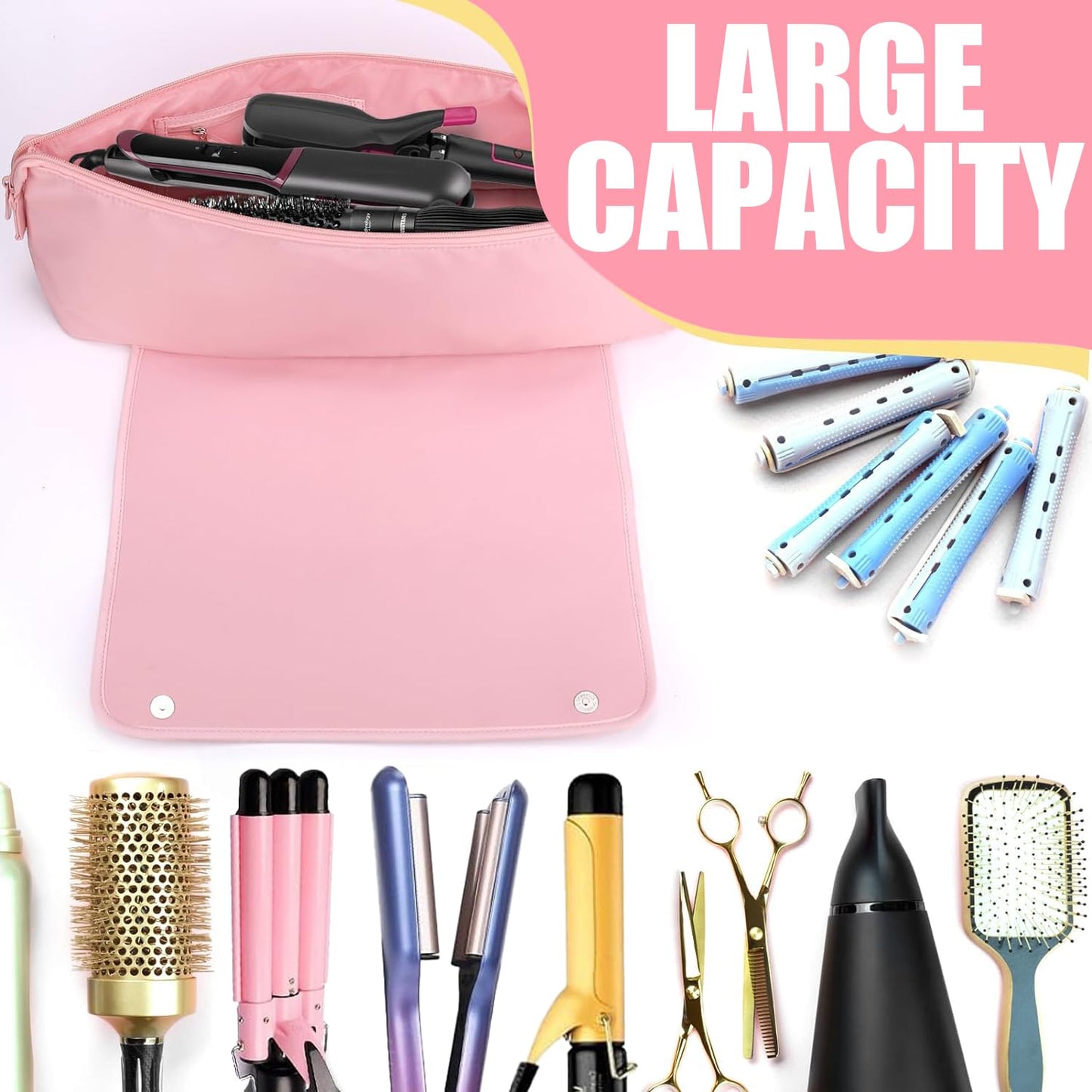 Hair Tools - Bolsa de viaje, funda de viaje de hierro plano 2 en 1 con almohadillas resistentes al calor, bolsos de viaje para peluquería resistente al calor para rizadores (Rosa)