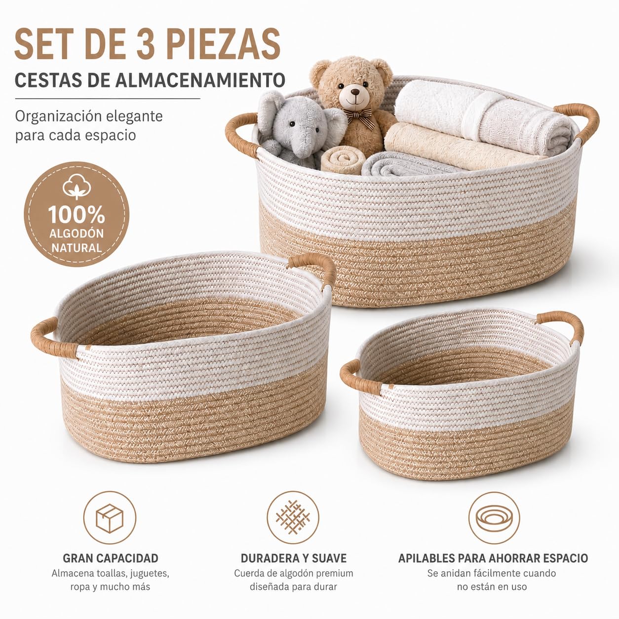 3 Canastas Organizadoras de Cuerda de Algodón Natural con Asas, Cestas Tejidas Multiusos para Ropa, Juguetes y Baño, Juego de 3 Tamaños, Decorativas para Dormitorio y Guardería (Caqui y Blanco)