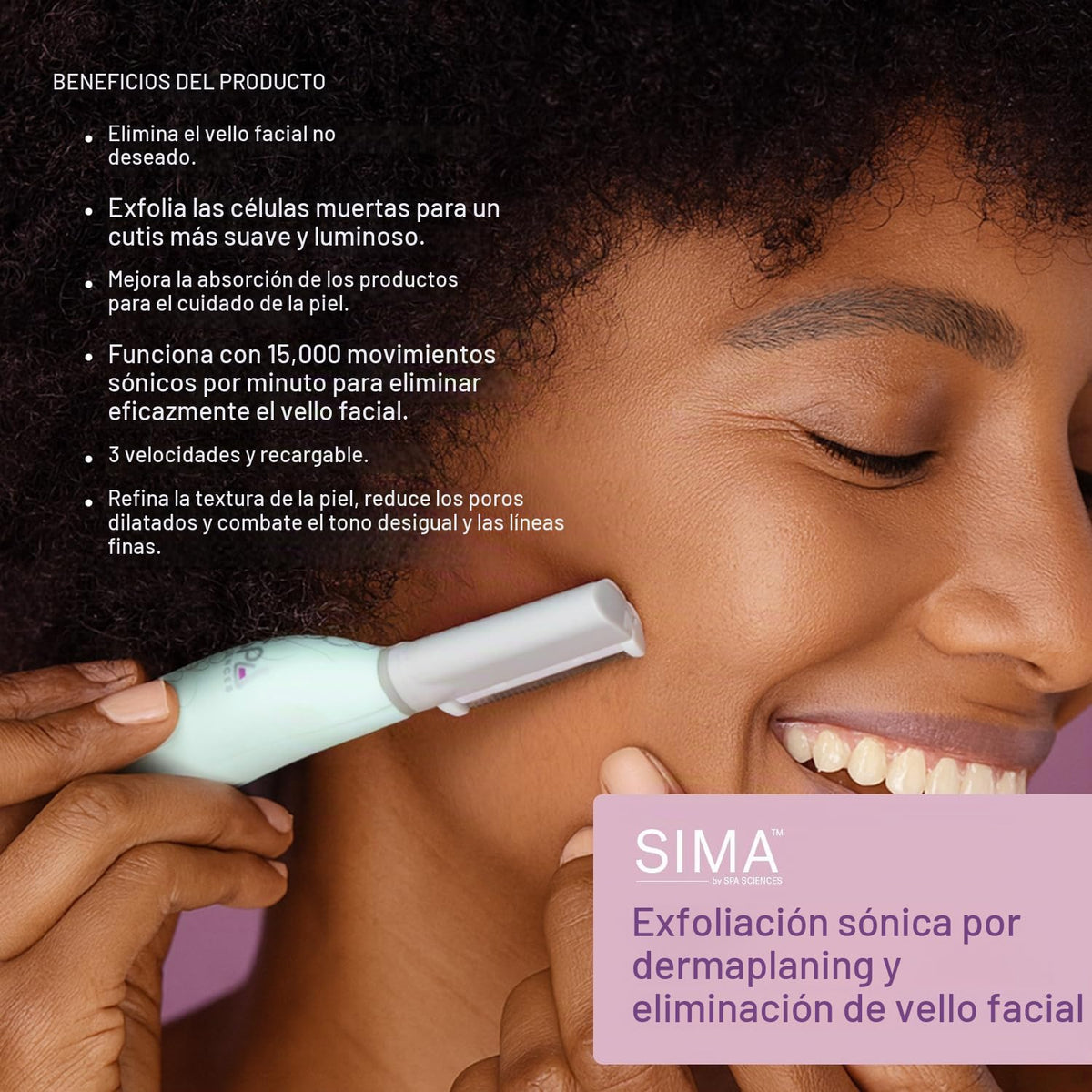 Spa Sciences SIMA Sonic Dermaplaning Tool-Profesional e indoloro 2 en 1 Exfoliación facial y sistema de depilación de melocotón con 7 semanas de tratamiento incluido|Anti-envejecimiento | 3 velocidades|Recargable