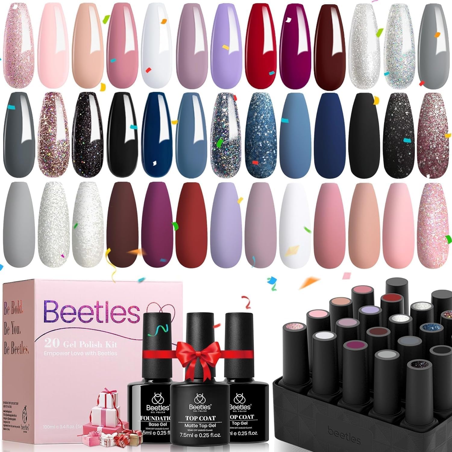 Beetles 20 Esmaltes en Gel, Colección Modern Muse Empapa Lámpara LED Esmalte de Uñas Gris Desnudo Kit de Inicio de Esmalte de Gel Con Purpurina Rosa y Azul Con Capa Superior y Capa Base Brillante y Mate
