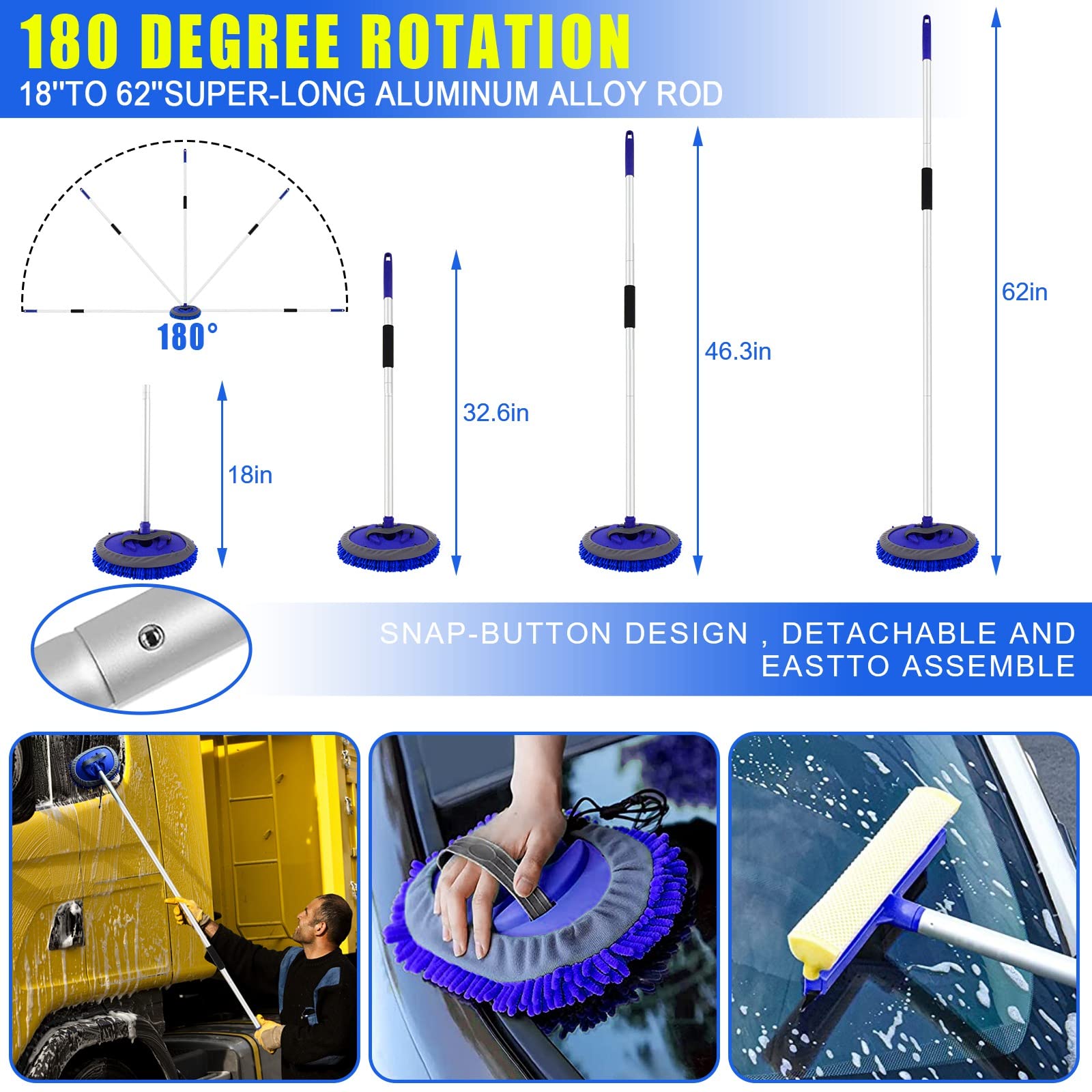 HORDALOR - Juego de 21 piezas de lavado de coche, 62 pulgadas con mango largo, kit de limpieza de automóviles, juego de cepillos para detalles de automóviles, cubeta de lavado de automóviles con