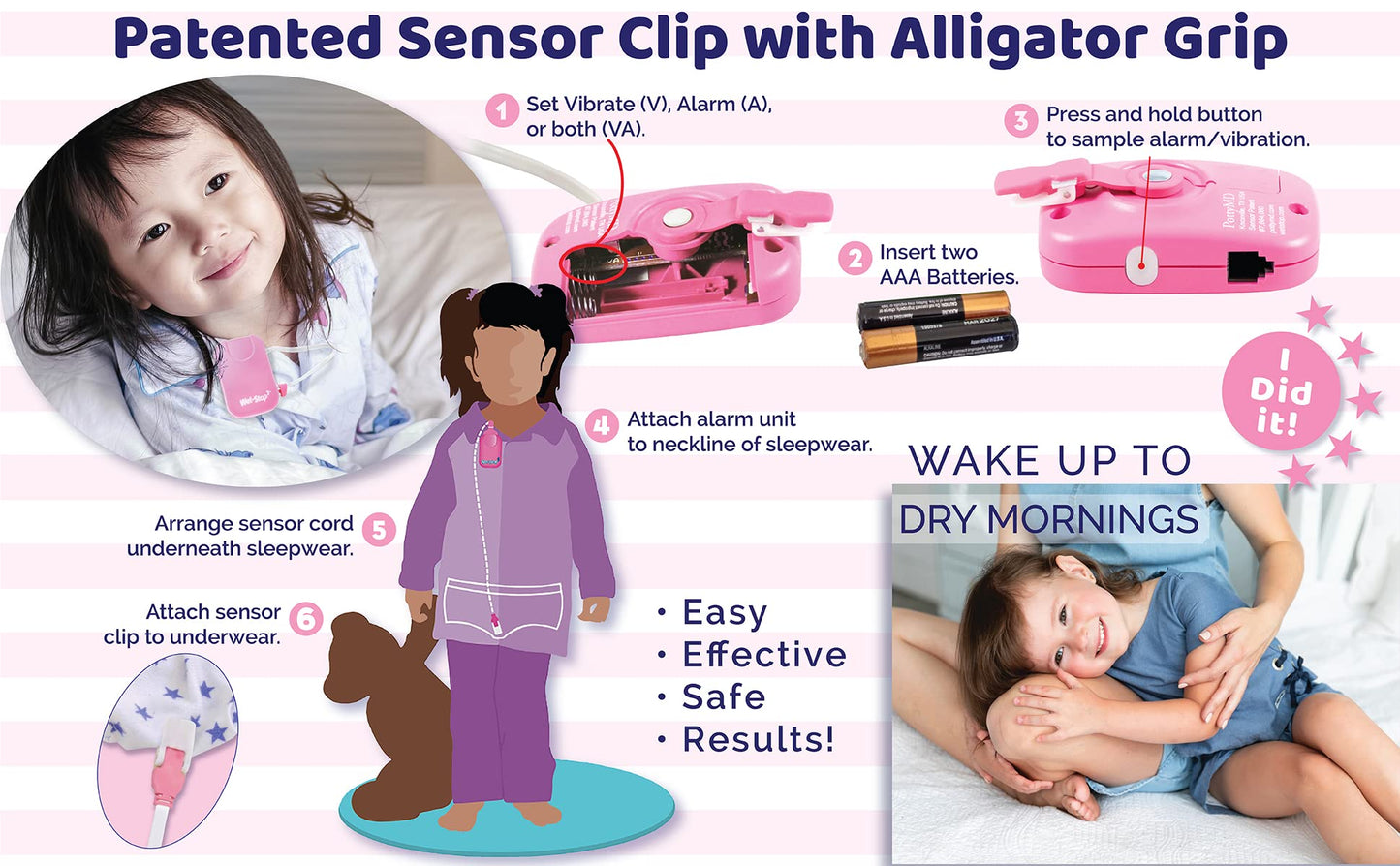 Alarma de Enuresis Wet Stop 3 rosada con Monitor de Cama para Vibraciones y Sonido