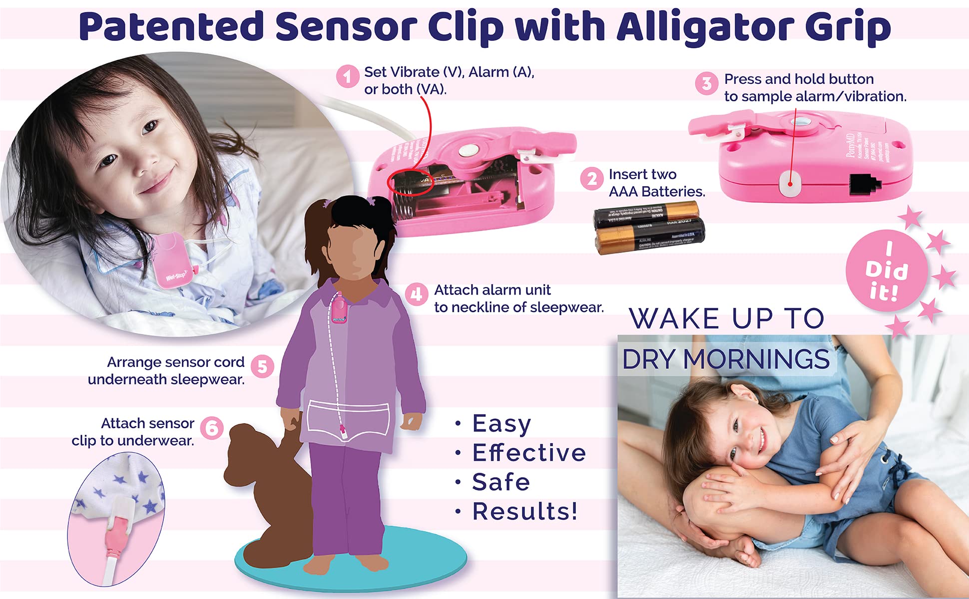 Alarma de Enuresis Wet Stop 3 rosada con Monitor de Cama para Vibraciones y Sonido