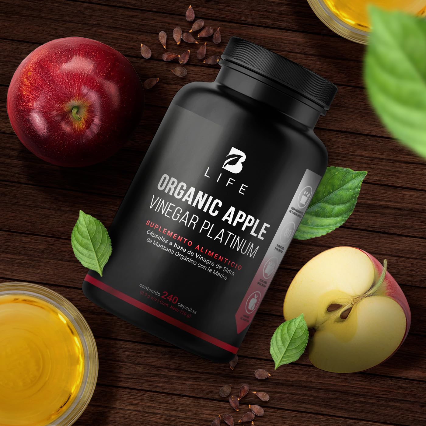 B Life Company Vinagre de Manzana Orgánico La Madre 240 Cápsulas. Ingredientes naturales. Organic Apple Cider Vinegar Platinum B Life