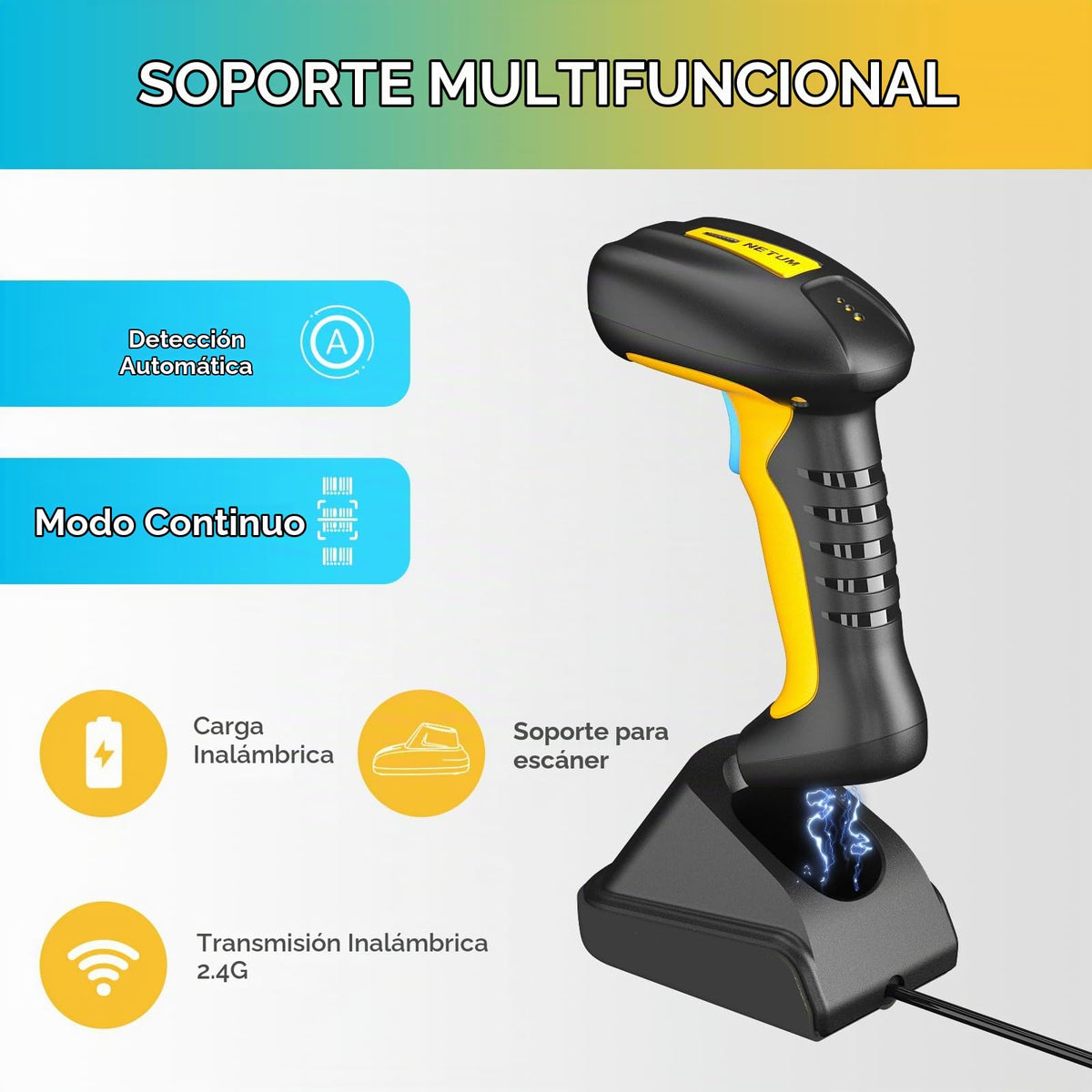 Escáner de Código de Barras NETUM Bluetooth Industrial Negro Mejorado con Protección contra Caídas y Base de Carga Inalámbrica de 2600 mAh 2D 1D manos libres