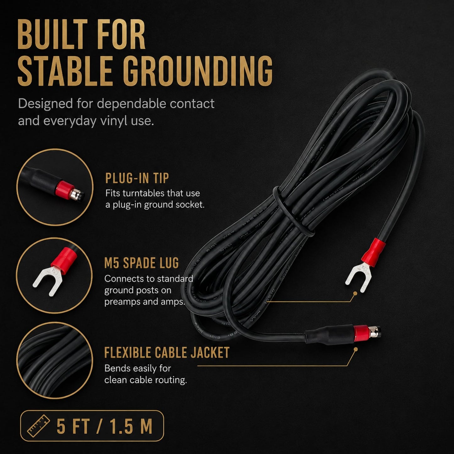 Sam&Johnny Phonograph Turntable Ground Wire for Technics Black Turntable SL-BD10, BD20, BD22, BD35 etc, Silicone Soft Grounding Wire Cable(5-ft)