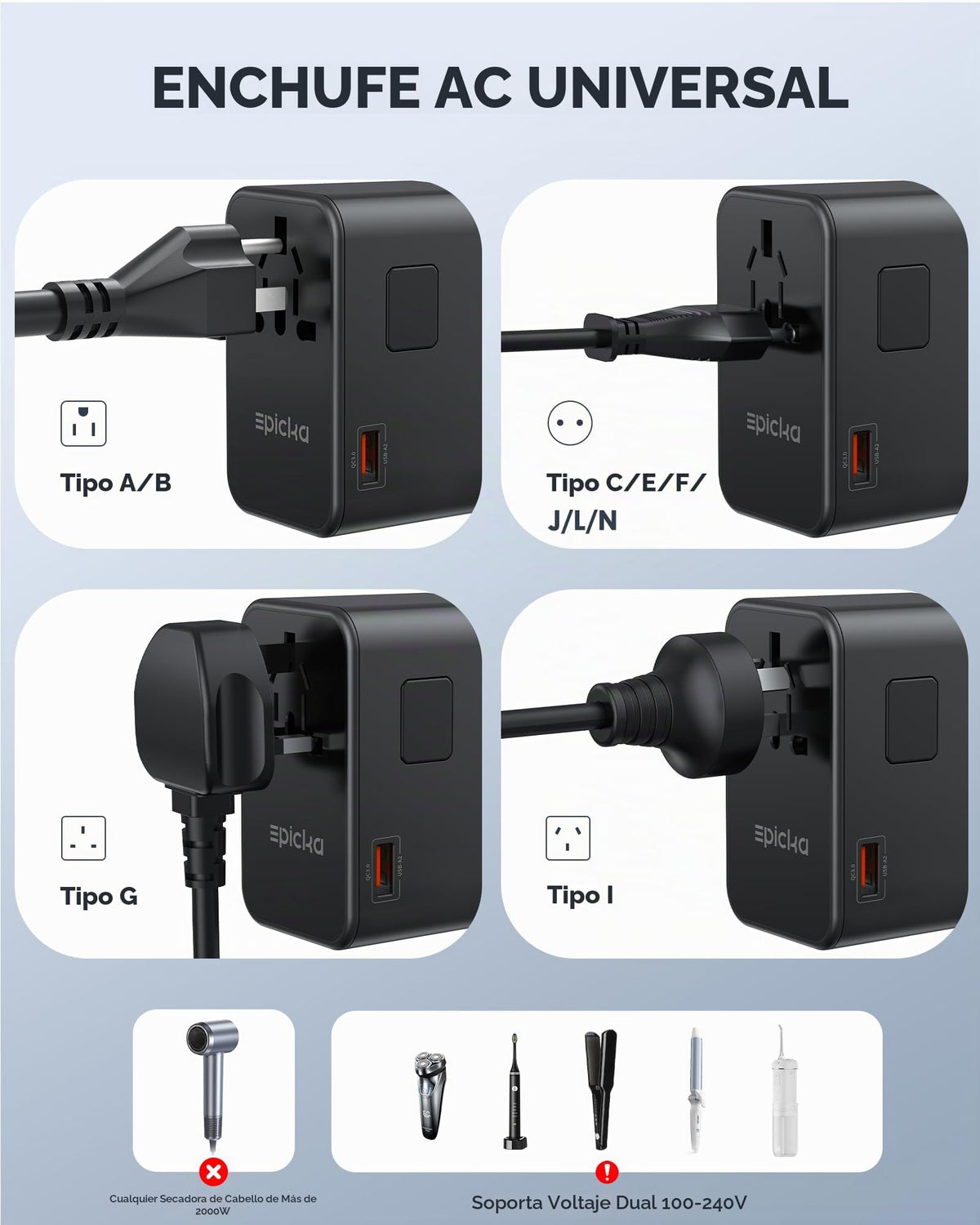 Adaptador de Viaje Universal EPICKA Negro con Carga Rápida 75W GaN y 3 Puertos USB-C