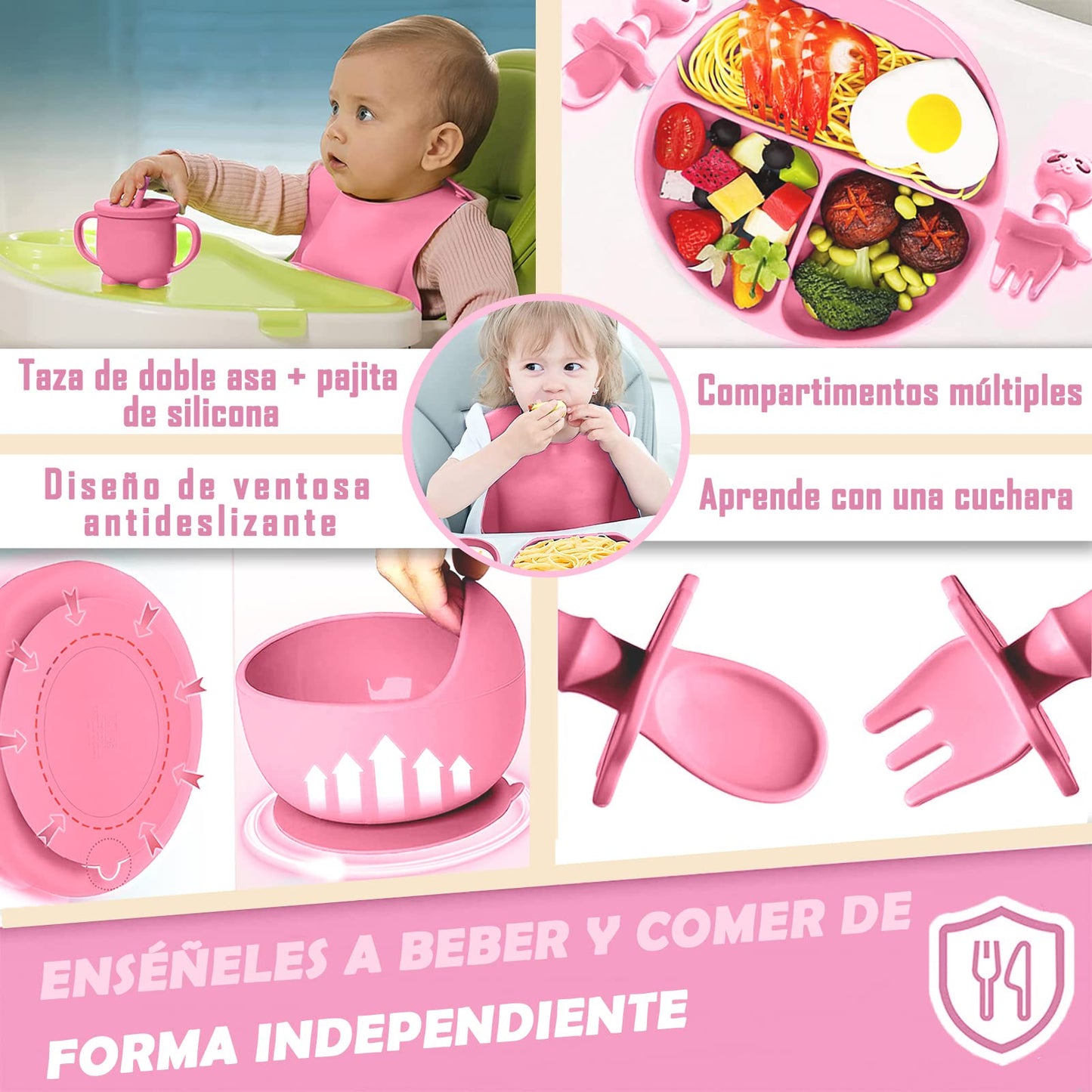 Platos de Silicona para Bebé Antivuelco Set de 10 Piezas Rosa para Niño/Niña