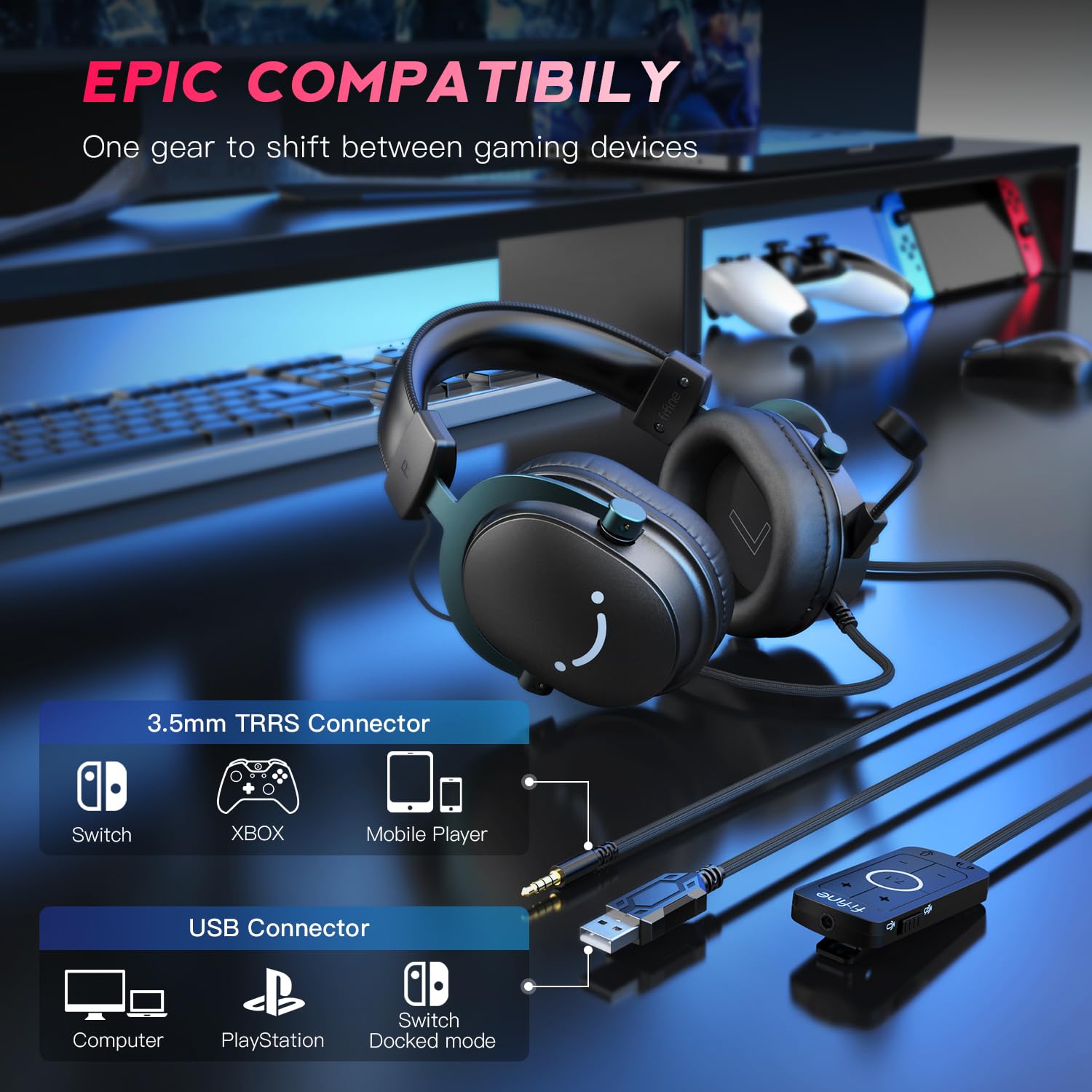 FIFINE Auriculares para Juegos de PC, Auriculares USB con Sonido Envolvente 7.1, micrófono Desmontable, Caja de Control, Conector de Auriculares 3.5 mm, Auriculares con Cable para PS5/Xbox/Switch H9