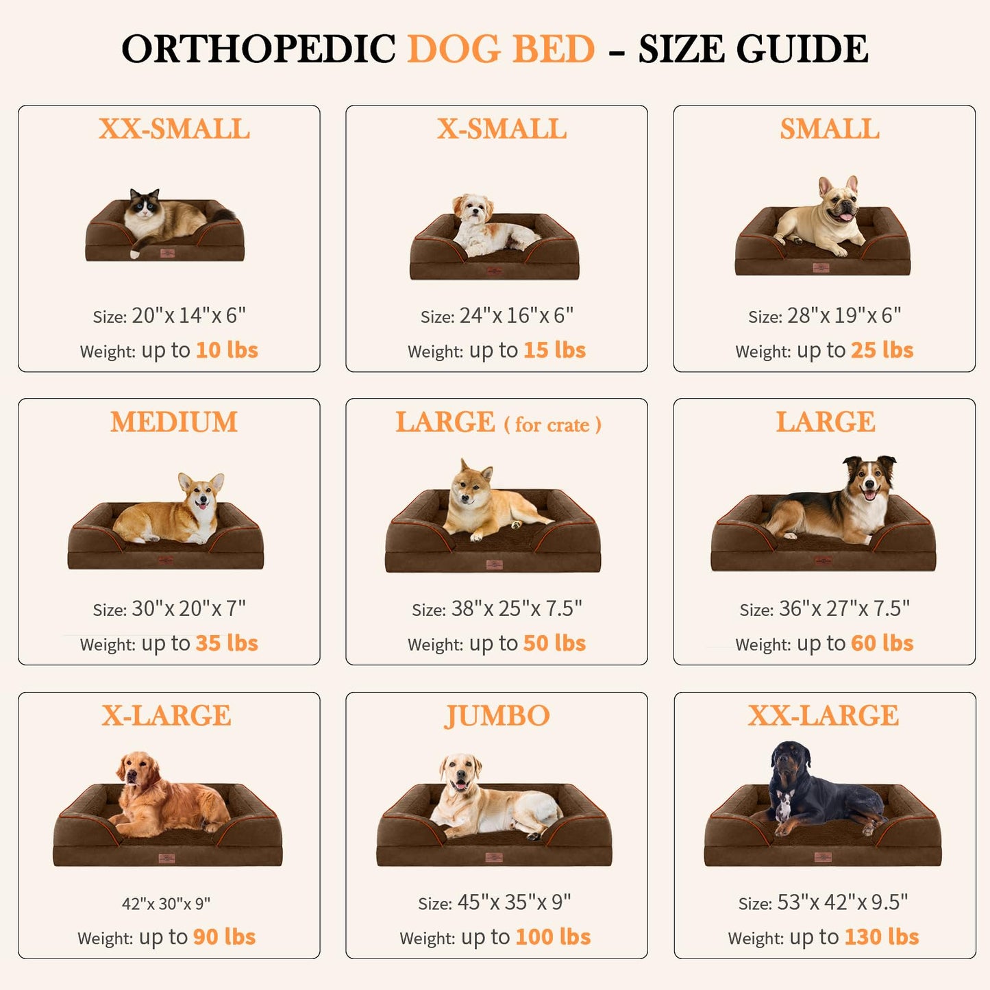 Comfort Expression - Camas grandes para perros impermeables de espuma ortopédica para perros, cómoda cama para mascotas con funda extraíble lavable y parte inferior antideslizante (L, café chocolate)