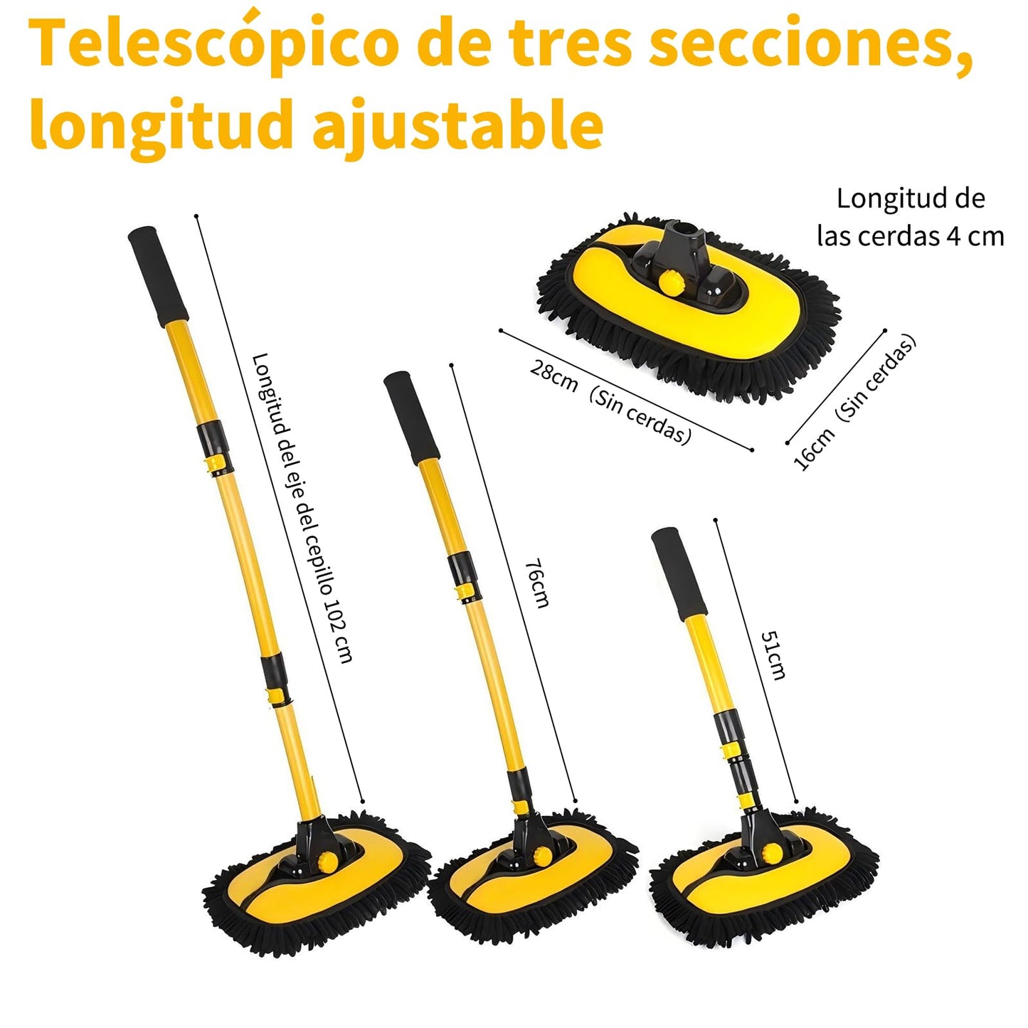 Benanei Cepillo para Lavar Carros Curvado 15°con Mango Largo, Kit de Limpieza para Auto, Chenilla Cepillo para Auto con Poste Extensible 50-120cm, para Lavar Coches, Limpiar Cristales, Fregar, Hogar