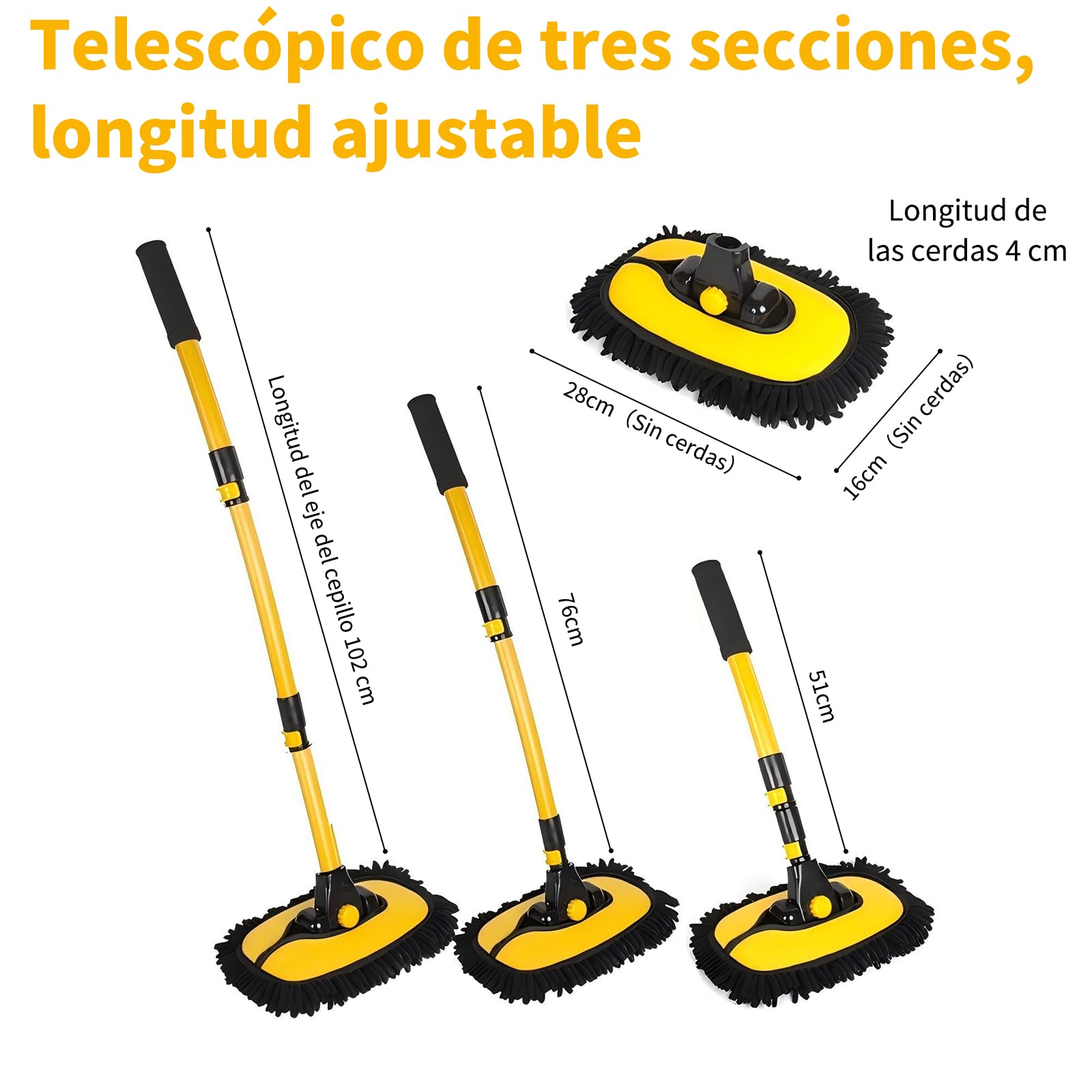 Benanei Cepillo para Lavar Carros Curvado 15°con Mango Largo, Kit de Limpieza para Auto, Chenilla Cepillo para Auto con Poste Extensible 50-120cm, para Lavar Coches, Limpiar Cristales, Fregar, Hogar