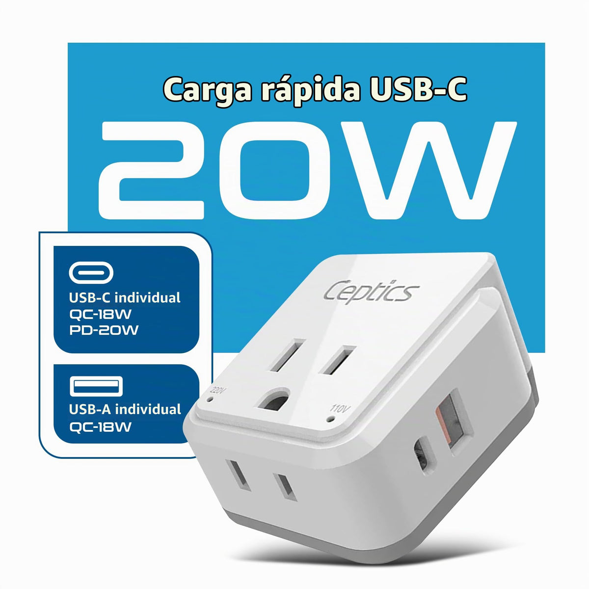 Juego de Adaptador de Corriente Ceptics South Africa Blanco con Doble USB y USB-C para Viaje en África