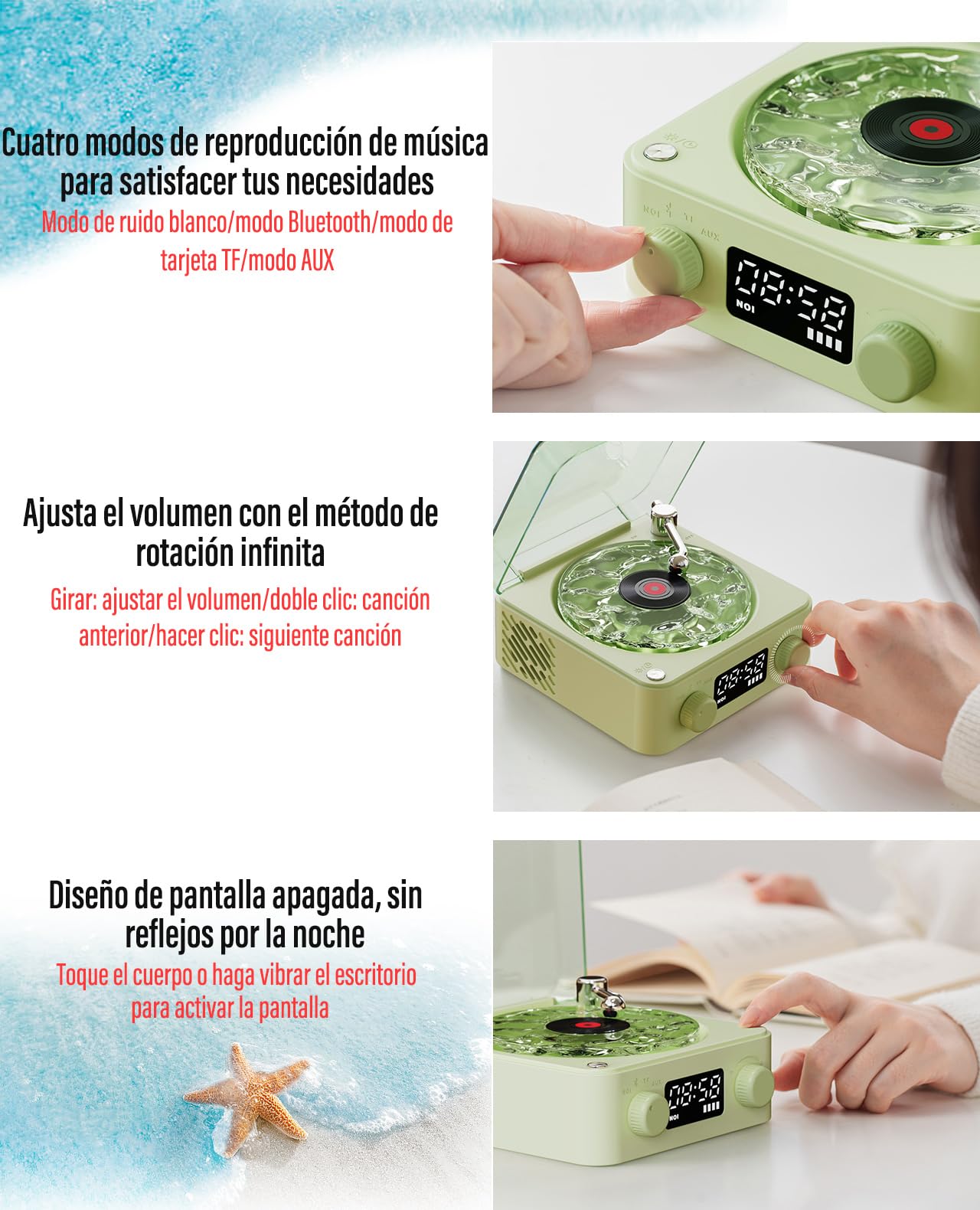 CASASDA Altavoz Bluetooth, Bocina Tocadiscos Bluetooth, Elegante Altavoz Bluetooth con Luz Nocturna y Visualización de la Hora, Pequeño Altavoz Estéreo Multifuncional 3 en 1 (Blanco)