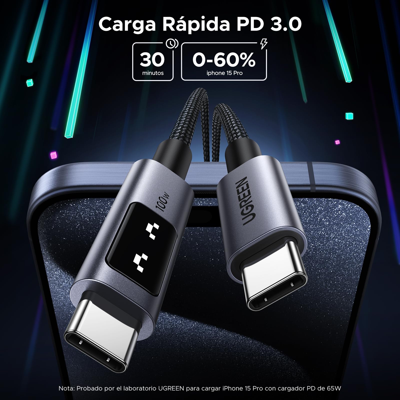 Cable USB C UGREEN 100W Negro Carga Rápida PPS para MacBook Pro, iPad, Galaxy, Pixel de 3M
