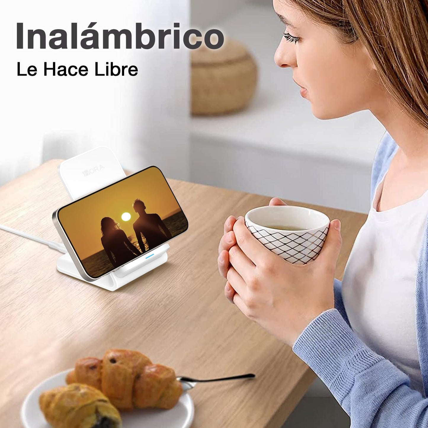 Cargador Inalámbrico de 15W con Cable USB C a C de 1M Compatible con iPhone y Samsung Blanco