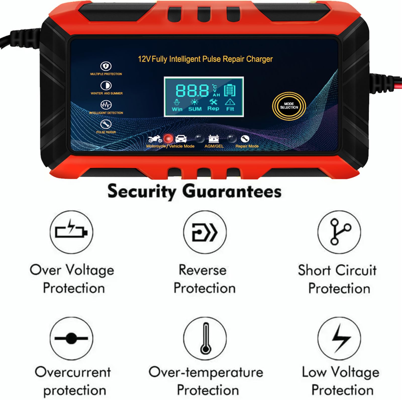 Cargador de Batería Inteligente Automático Qzgyoool 12V 6A con Múltiples Protecciones para Automóviles, Motocicletas, ATVs y Barcos