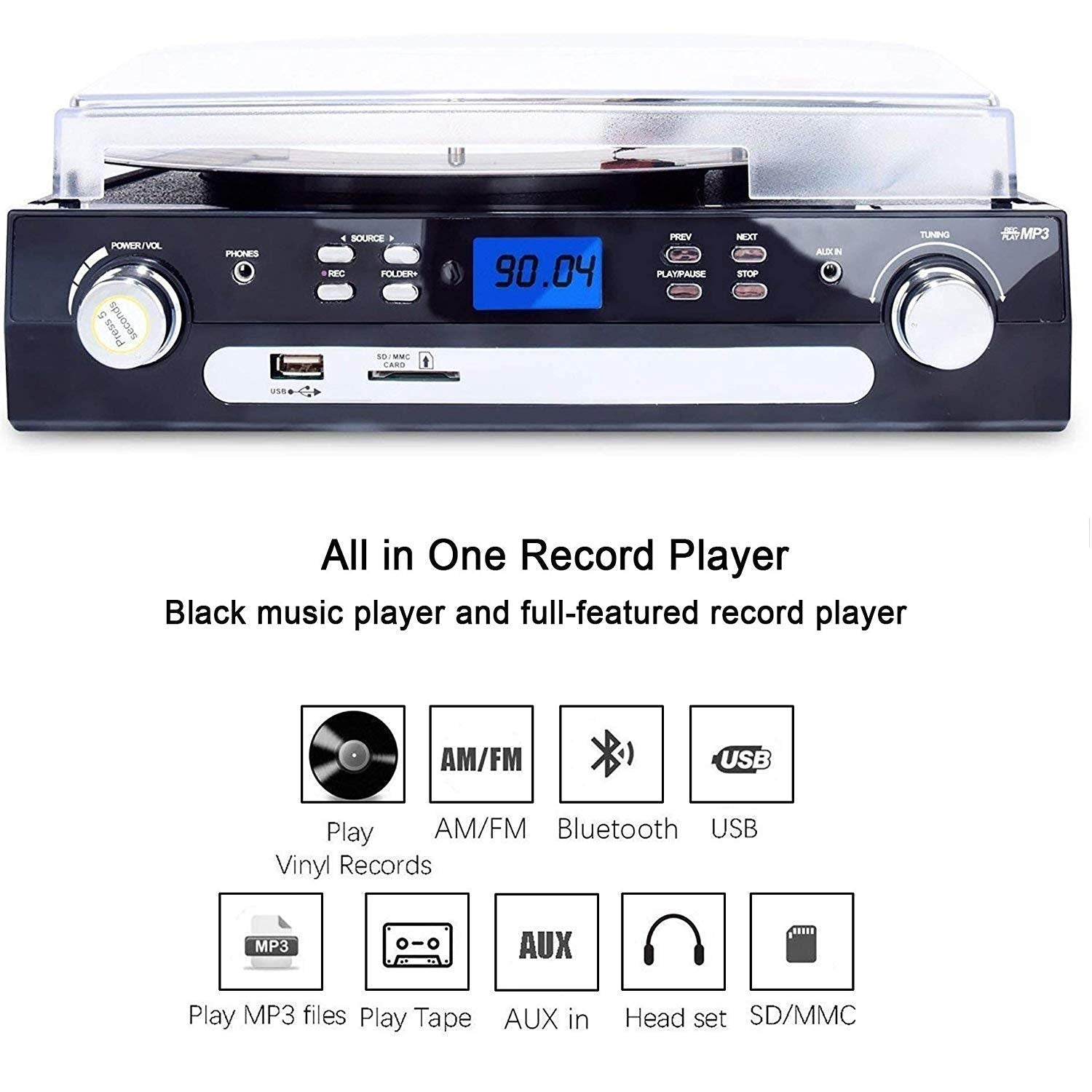 DIGITNOW - Tocadiscos de vinilo LP, con Bluetooth, radio AM y FM, cinta de casete, entrada auxiliar, codificación USB SD y reproducción de MP3 altavoces estéreo integrados, conector para auriculares de 3,5 mm, control remoto y pantalla LCD