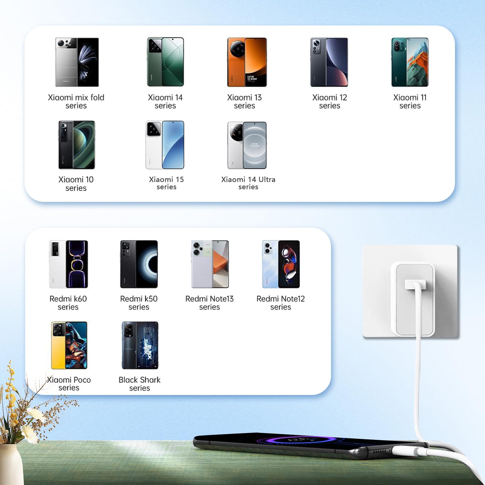 Kammoy Cargador 67W para Xiaomi Carga Rapida Turbo con Cable 1M, Compatible con Xiaomi Mi 14, 13, 12S, 11Ultra, 11Pro, Mix Fold3, Mix Flip, Pad 6, Redmi Note 13 Pro, K60, K40 Pro
