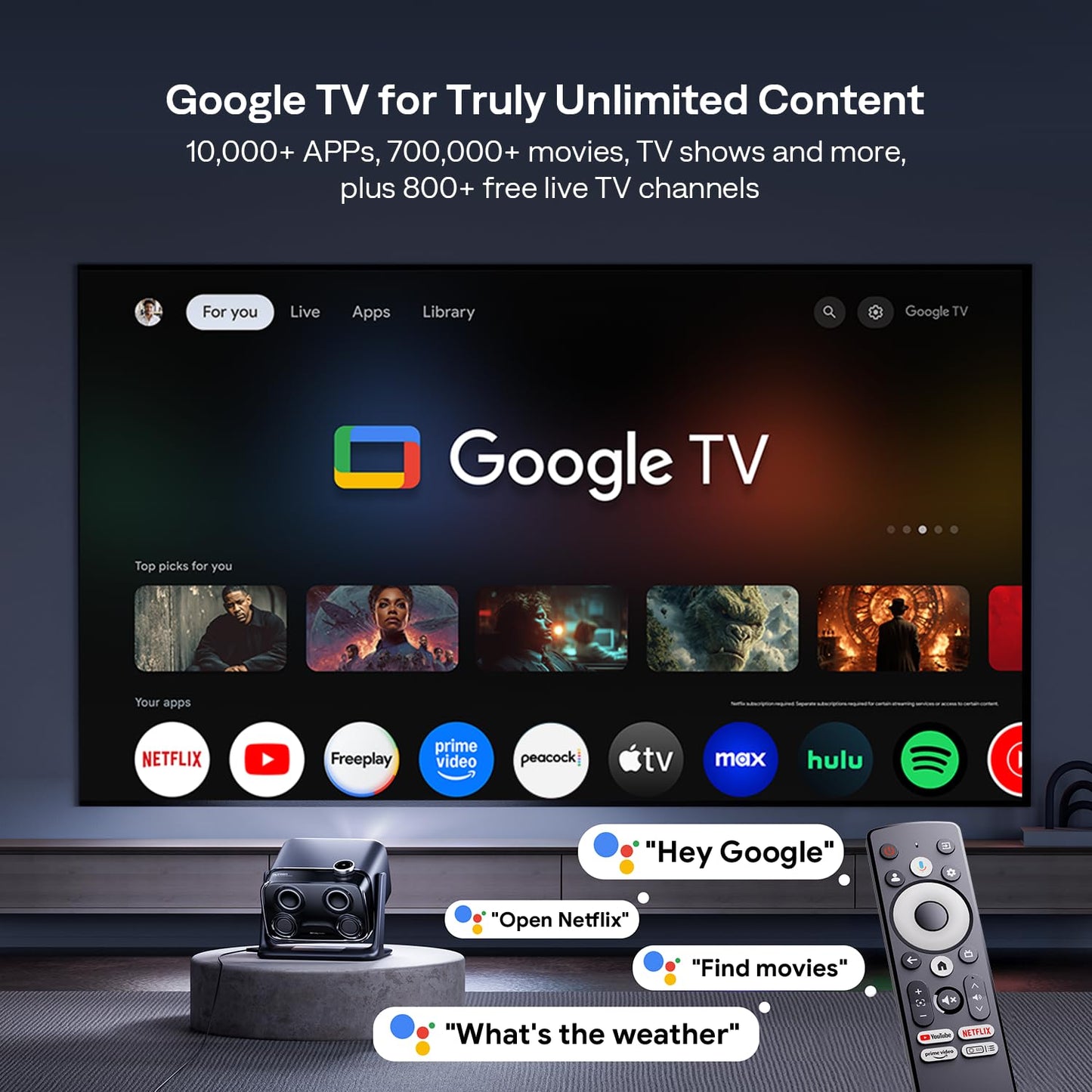 Aurzen BOOM Mini proyector inteligente para Google TV para exteriores con WiFi y Bluetooth, control de voz, modo familiar, audio Dolby de 20 W, enfoque en tiempo real, proyector de película compatible