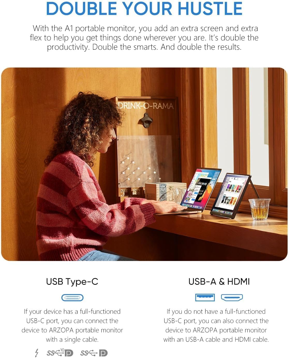 ARZOPA Monitor Portátil 15.6'' FHD 1080P Kickstand Monitor Portátil IPS Pantalla Externa USB C HDMI para PC Mac Teléfono Xbox PS5 - A1