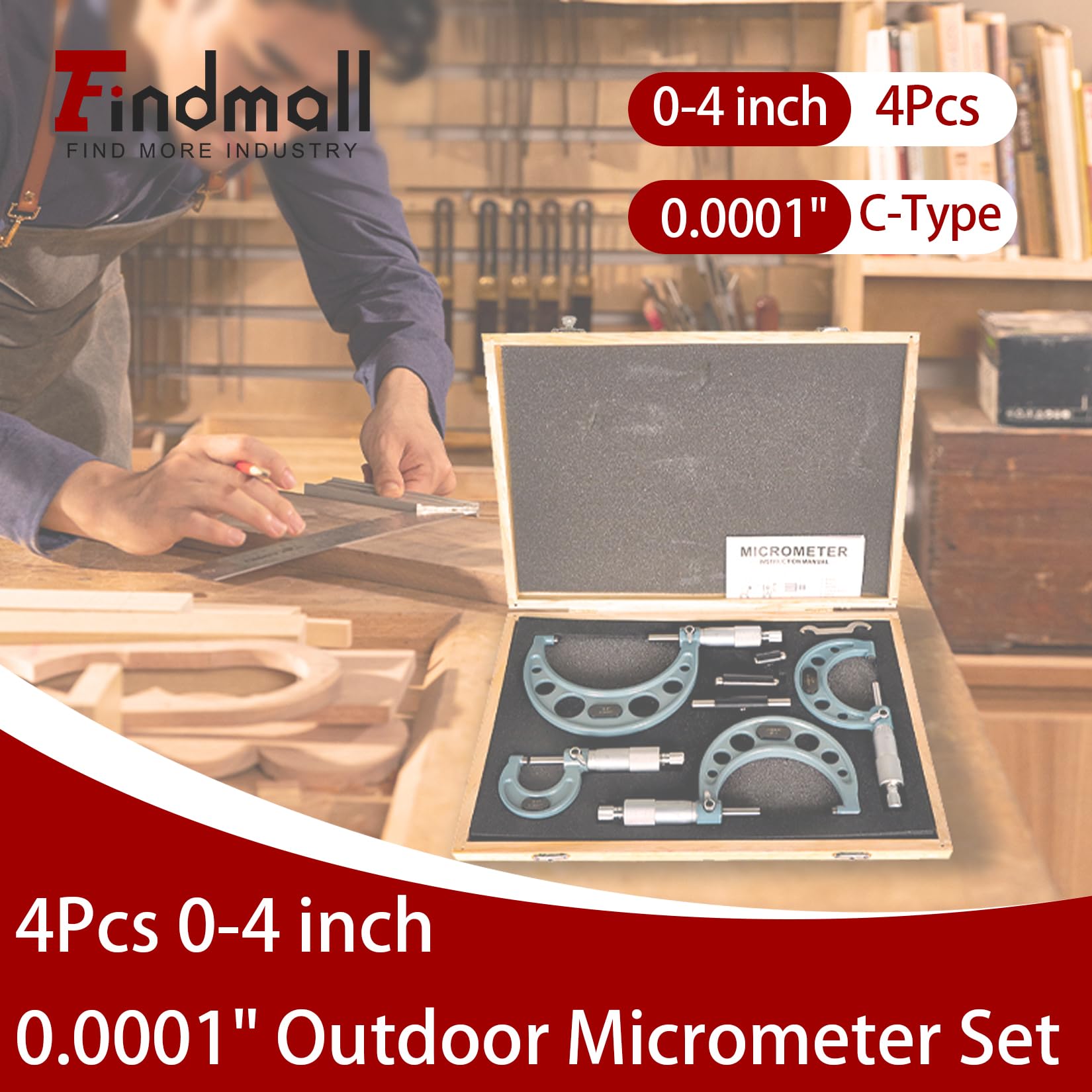 findmall - Juego de 4 micrómetros para exteriores de 0 a 4 pulgadas, 0 pulgadas, 0 a 1 pulgada, 1 a 2 pulgadas, 2 a 3 pulgadas, 3 a 4 pulgadas