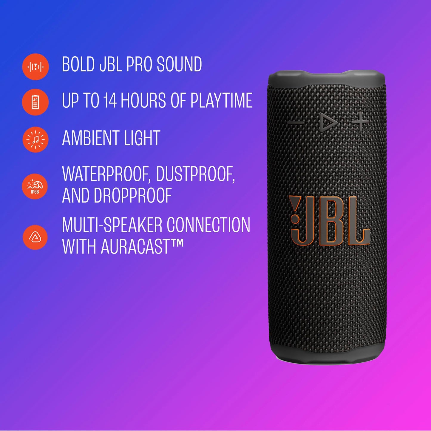 JBL Grip - Altavoz Bluetooth Compacto con Sonido Bold JBL Pro y luz Ambiental, hasta 14 Horas de Tiempo de reproducción, Agua, Polvo y Gotas (IP68) y conexión multiparlante con Auracast (Negro)