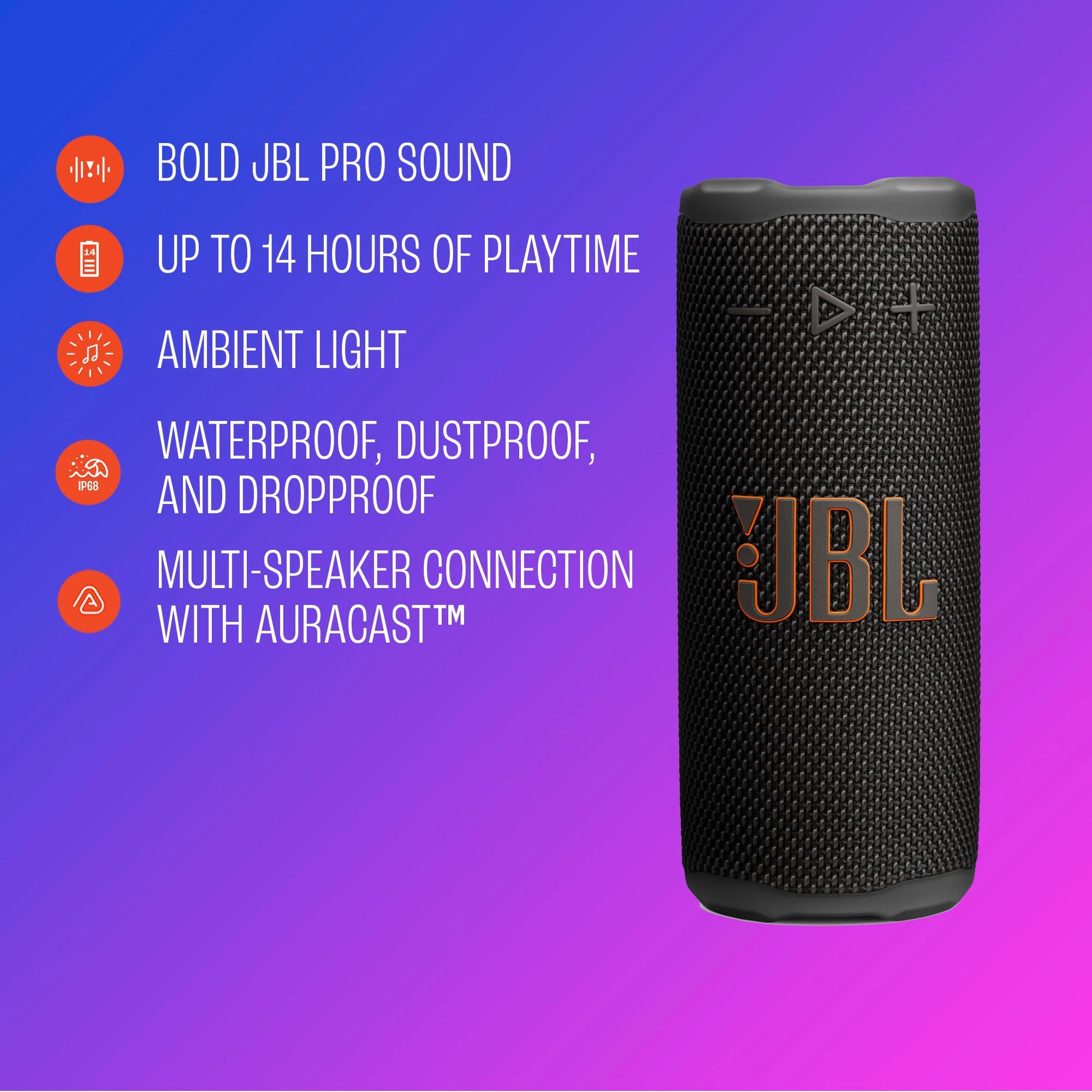 JBL Grip - Altavoz Bluetooth Compacto con Sonido Bold JBL Pro y luz Ambiental, hasta 14 Horas de Tiempo de reproducción, Agua, Polvo y Gotas (IP68) y conexión multiparlante con Auracast (Negro)