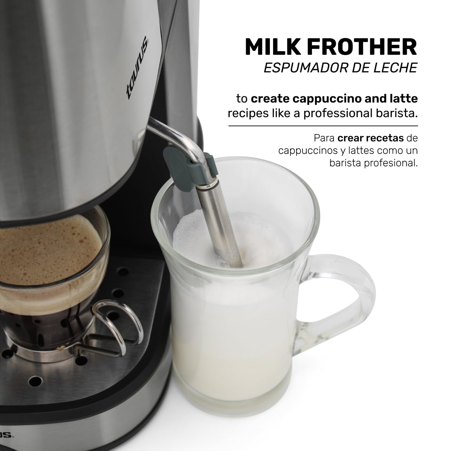 Cafetera TAURUS EUFORIA Acero Inoxidable 20 Bares con Espumador de Leche y Control de Vapor