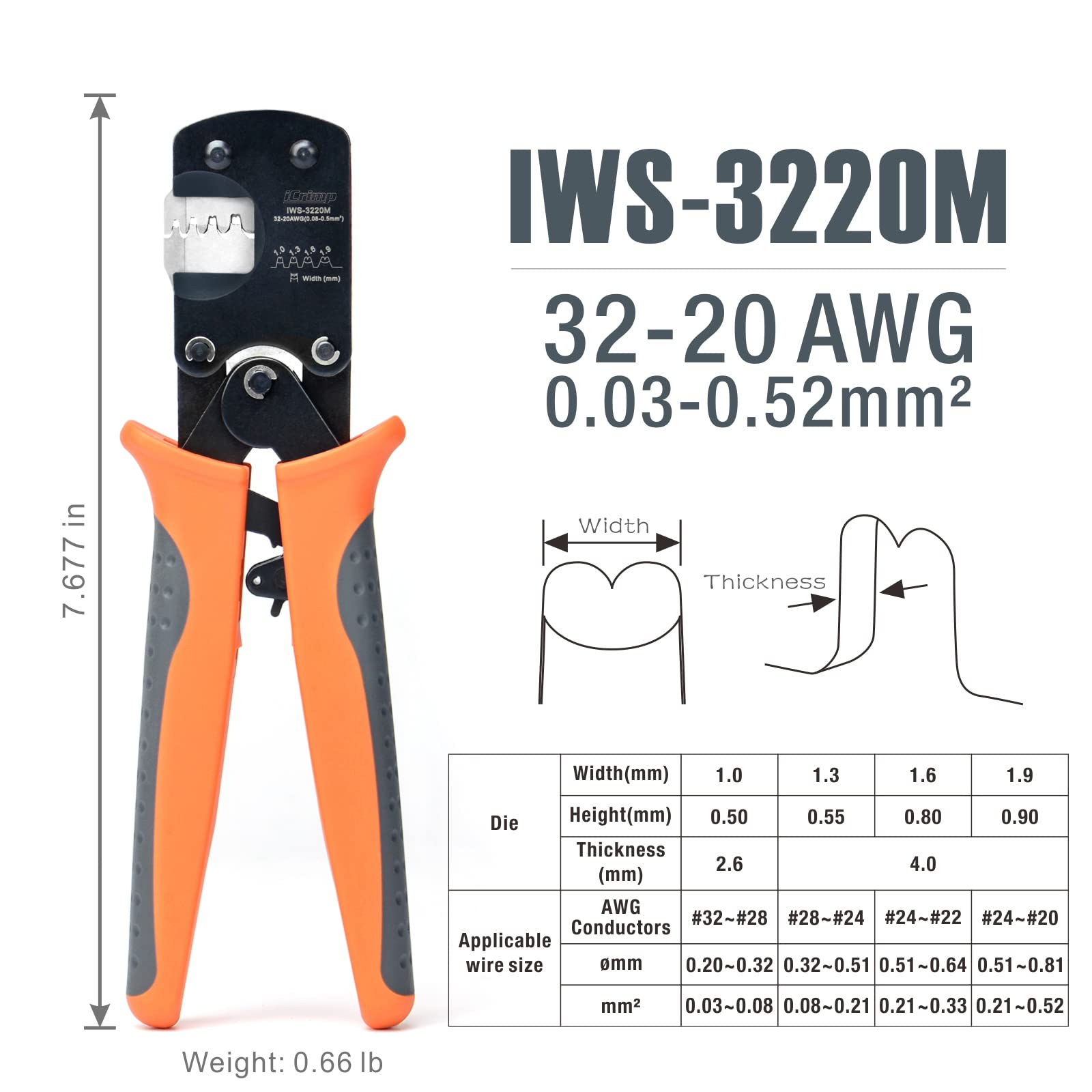 iCrimp IWS-3220M - Herramienta de crimpado de clavijas de microconector, 0,03-0,52 mm², 32-20 AWG, crimpadora de carraca para D-Sub, juego de barril abierto, Molex, JST, JAE