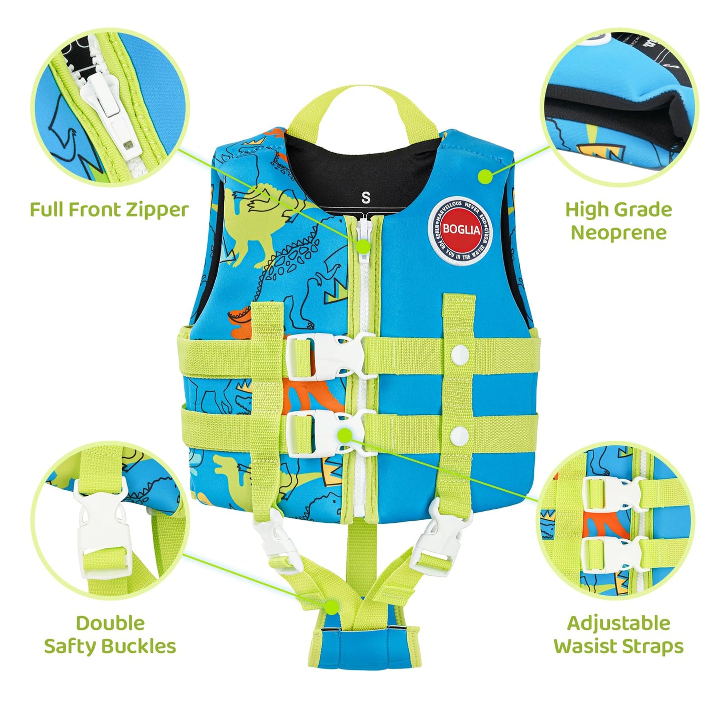 Boglia - Chaleco de natación para niños y niñas de 20-30-40-50-60-70-80-80 libras con correa de seguridad ajustable