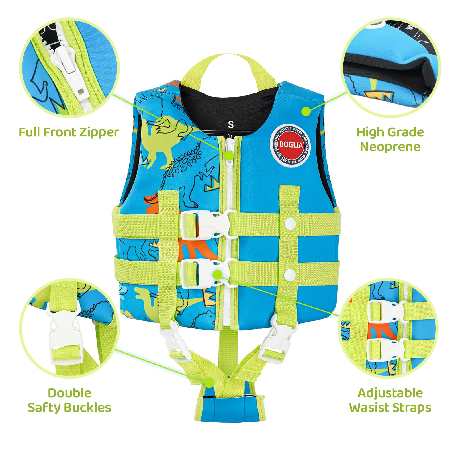 Boglia - Chaleco de natación para niños y niñas de 20-30-40-50-60-70-80-80 libras con correa de seguridad ajustable