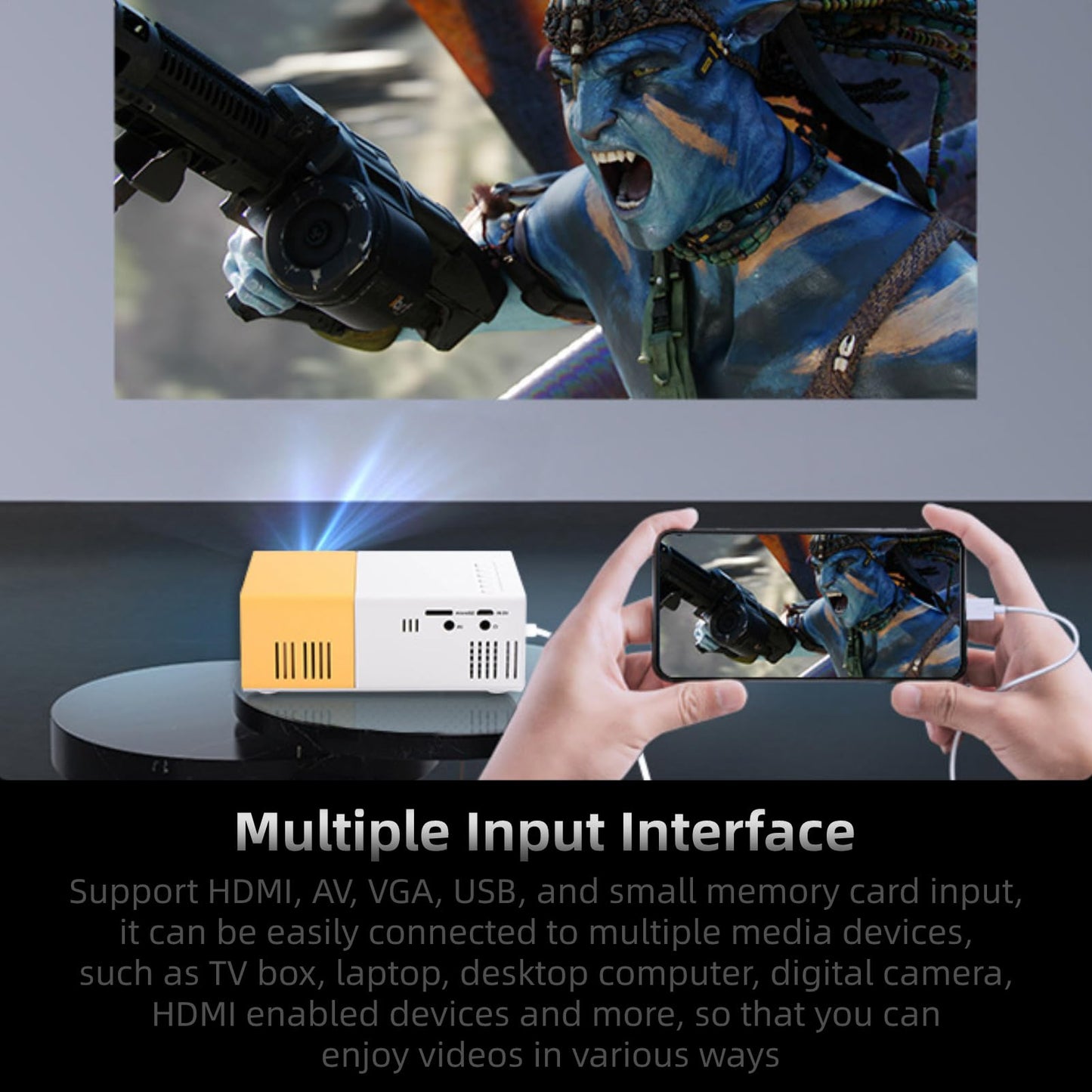EBTOOLS Mini Proyector de Cine en Casa, Proyector de Vídeo LED Multimedia Portátil 1080P, Múltiples Interfaces de Entrada, para Juegos de Entretenimiento en Interiores (Regulaciones de