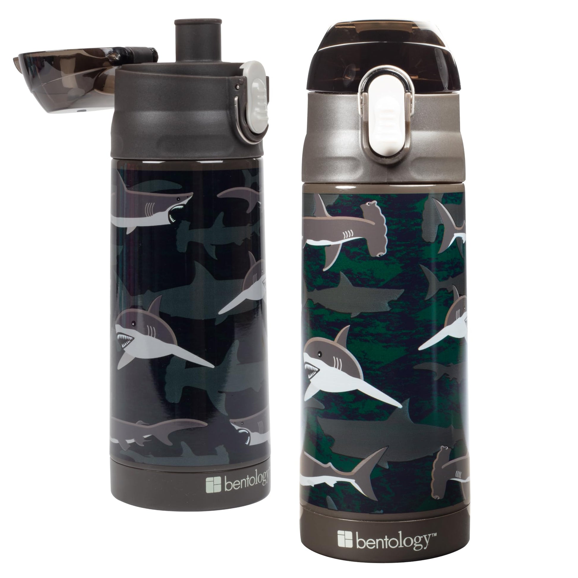 Bentology - Botella de agua reutilizable de acero inoxidable de 13 onzas para niños, tiburón, doble pared aislada, tapa a prueba de derrames con popote incorporado, mantiene los líquidos calientes o