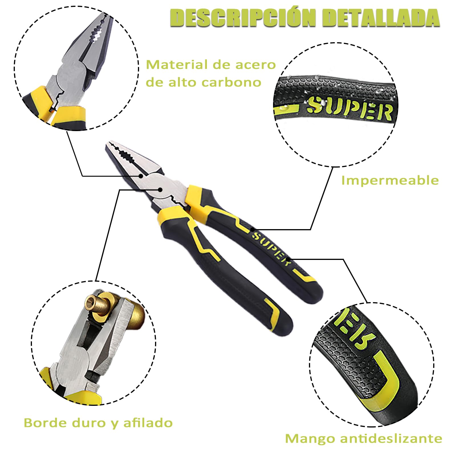Juego de Alicates de 3 piezas, Alicates de Combinación de 8″,Alicates de Corte diagonal de 6″,juego de Alicates de punta de 6″,Herramientas Portátiles Juego de Electricista