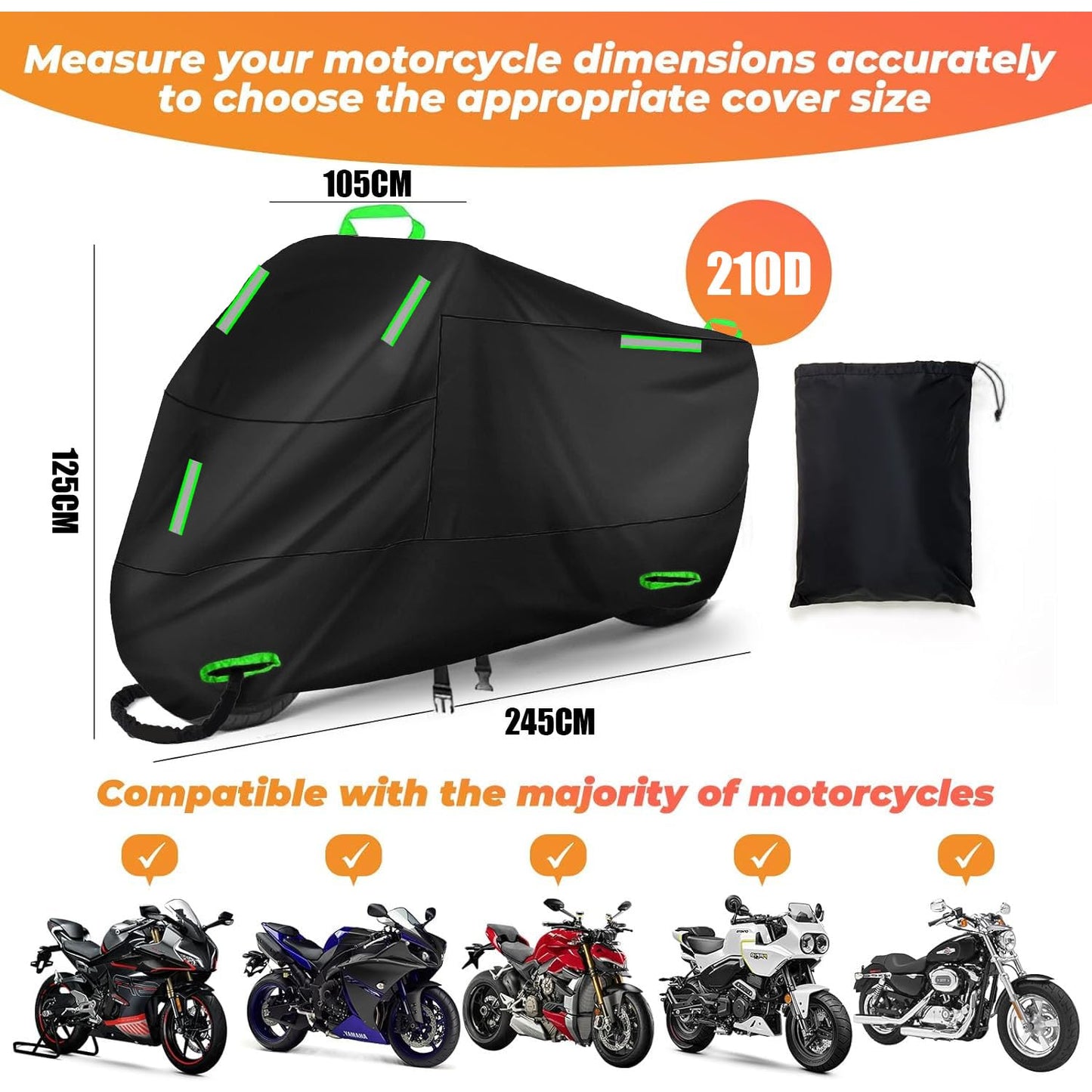 Cubierta Impermeable para Motocicletas ZENSUKYE Negra con Tiras Reflectantes y Orificios para Cerradura