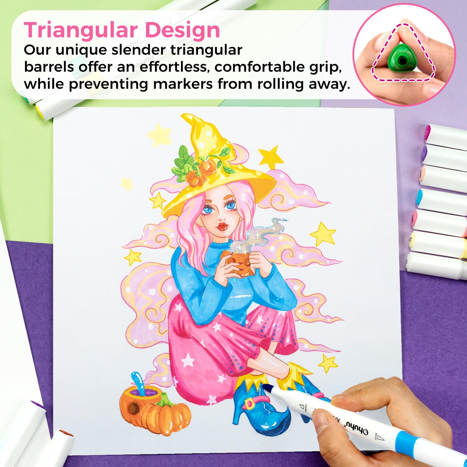 Marcadores Ohuhu: set de 48 marcadores de alcohol de doble punta (pincel y cincel) para colorear e ilustrar, diseñado para adultos, incluye un agarre ergonómico único, para principiantes