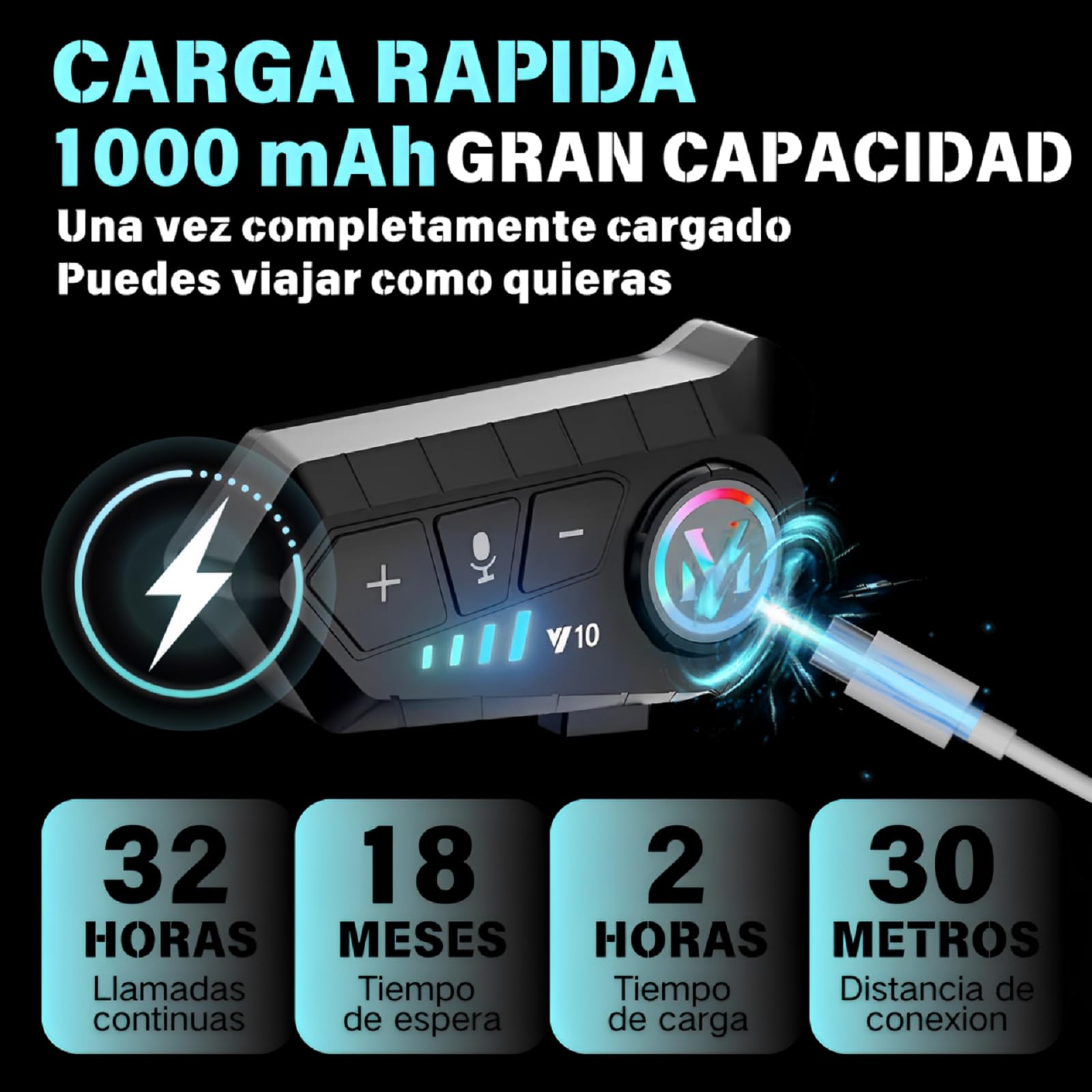 OIUBJDA Intercomunicador para Casco, Accesorios para Moto cascoImpermeable, Cancelación de Ruido Auriculares 5.3 Bluetooth para Motocicleta, micrófono Incorporado, Cable de cargadu, racion 32h, Siri