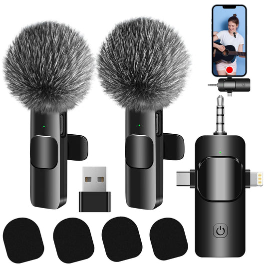 Micrófono Lavalier Inalámbrico 4 en 1 Ultra Bajo Retardo con Reducción de Ruido para iPhone USB C Android Cámara y Computadora Portátil