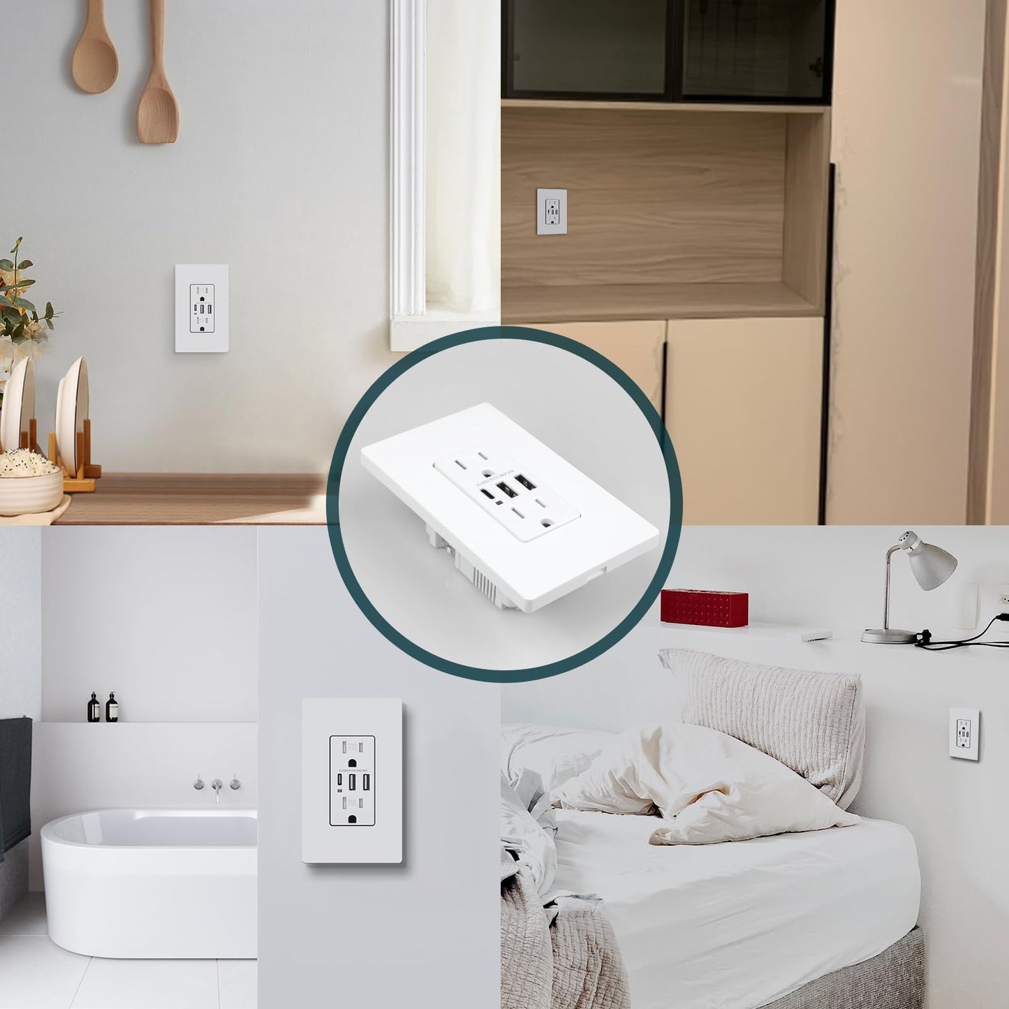 TOPELER - Receptáculo de toma USB, USB C de 3 puertos, carga USB de 30 W 6.0 A, resistente a manipulaciones, 15 amp, certificado UL, placa sin tornillos incluida, blanca, paquete de 2