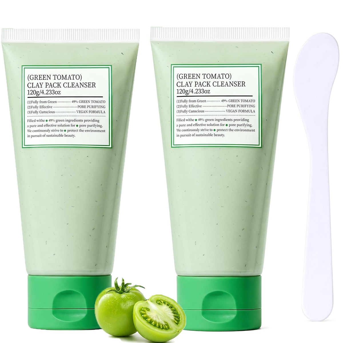 2PCS Green Tomato Clay Mask, Mascarilla de Arcilla de Tomate Verde para Cara, Limpieza Facial Profunda y Minimización de Poros, Hidratante, Para Todo Tipo de Piel (con Cuchara)