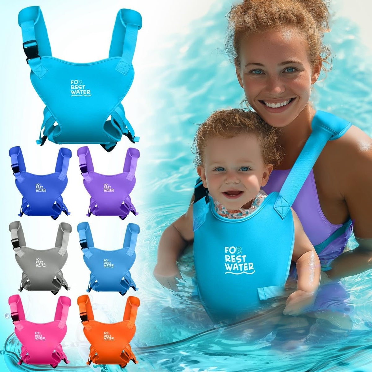 Portabebés para agua de descanso – Eslinga ergonómica de neopreno de alta calidad para diversión en agua y tierra cálida y segura (4-24 meses) – Arnés ajustable para bebés y niños pequeños (Lightblue)