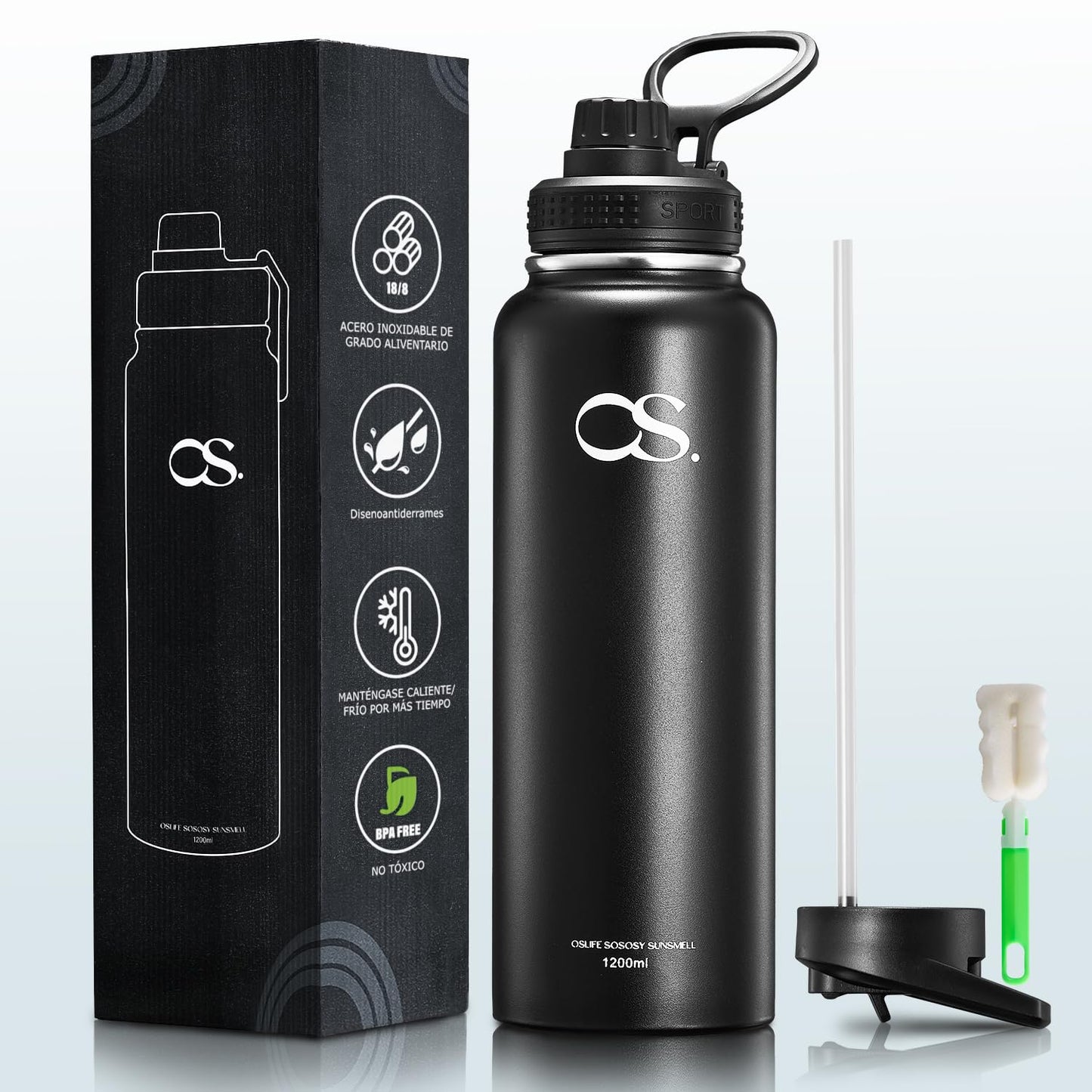 Termo de Acero Inoxidable OSLIFE Negro Hermético Antigoteo 1.2 Litros para Senderismo