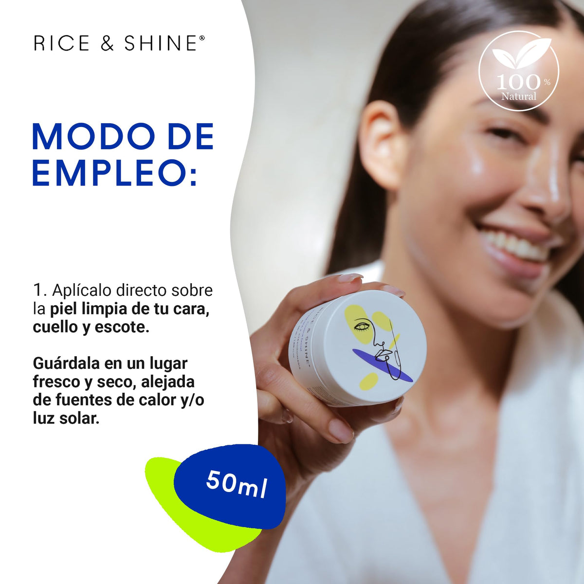 RICE & SHINE | Crema Hidratante Facial Skin Care con Aceite de Germen de Arroz | Textura Suave y Aterciopelada | 100% Natural | 60% más de Vitamina E que el Aceite de Argán