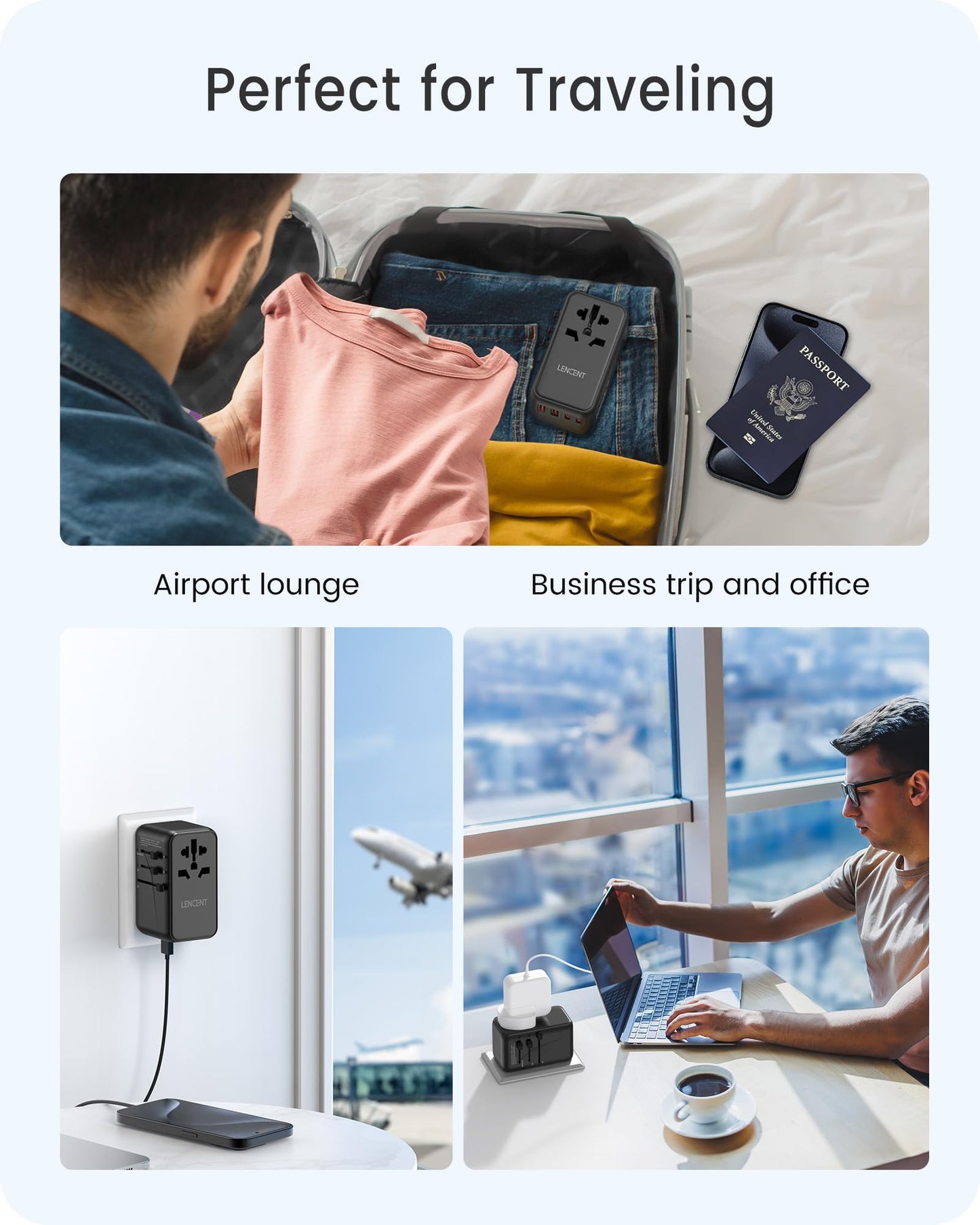 LENCENT Adaptador Universal de Viaje, GAN III 100W Adaptador Internacional con 2 USB QC4.0&2 USB-C PD3.0 Carga Rápida, Cargador Mundial para Teléfono Móvil, Portátil, Negro